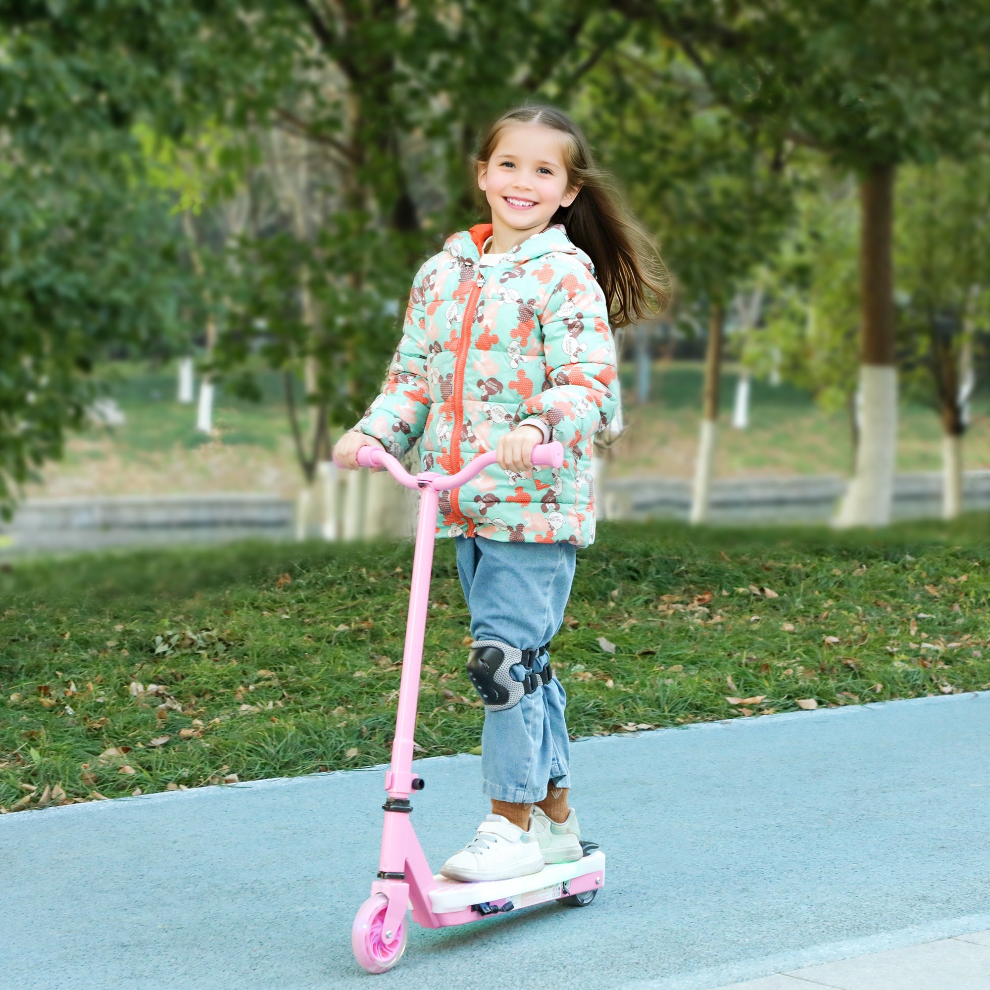 AIYAPLAY Electric Scooter for Kids Ages 4-7, with Auxiliary Rear Wheels, Flashing LED Light and Electric Brake, Kids Electric Scooter for Boys Girls, 6 KM/H & 8 KM, Pink - North Peak Garden Furniture