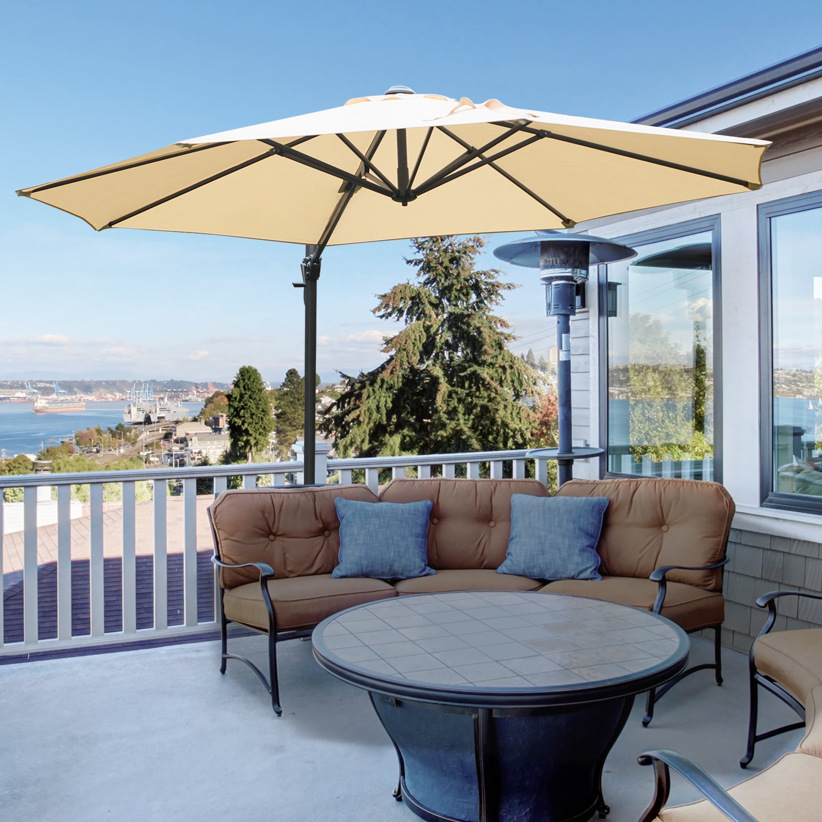 Outsunny Round Umbrella Parasol W/ Tilt 360° Rotation and Hand Crank Cross Base-Beige - North Peak Garden Furniture