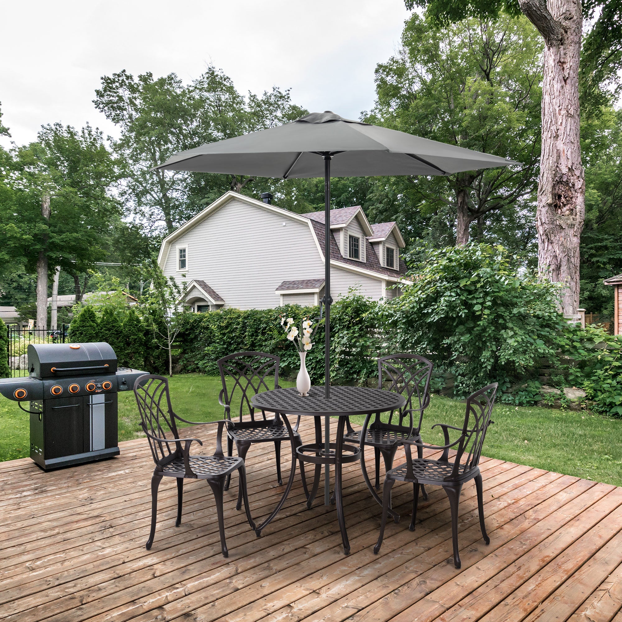 Outsunny 5 Pieces Outdoor Dining Table Set, Cast Aluminium Patio Conversation Furniture Set with 4 Armchairs, a Round Dining Table with Parasol Hole, Brown