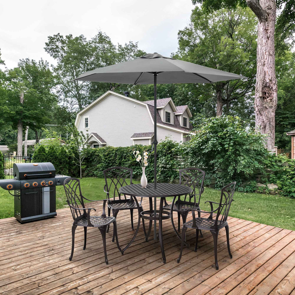 Outsunny 5 Pieces Outdoor Dining Table Set, Cast Aluminium Patio Conversation Furniture Set with 4 Armchairs, a Round Dining Table with Parasol Hole, Brown