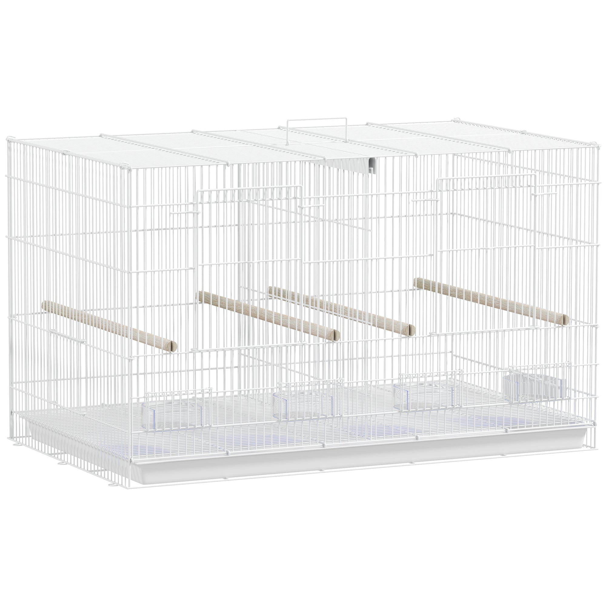 PawHut Bird Cage with Divider, 4 Wooden Perches, Slide Out Tray, 4 Feeders, for Budgie, Lovebird, Canary, 76 x 46 x 46cm, White