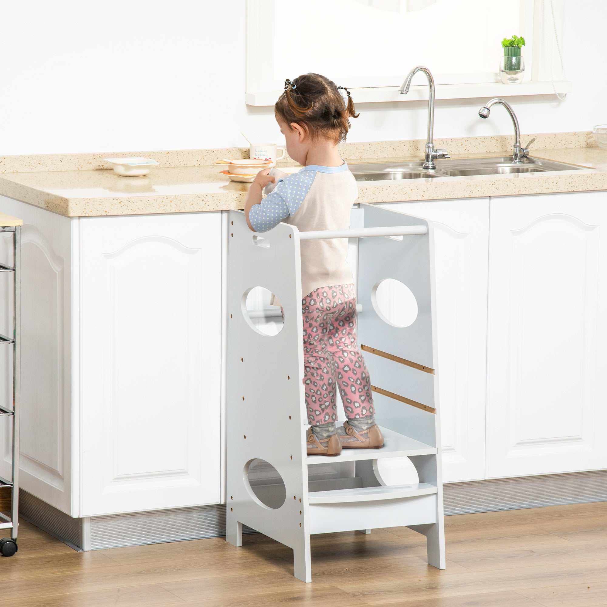 HOMCOM Kids Step Stool Toddler Kitchen Stool Tower with Adjustable Standing Platform, Grey - North Peak Garden Furniture