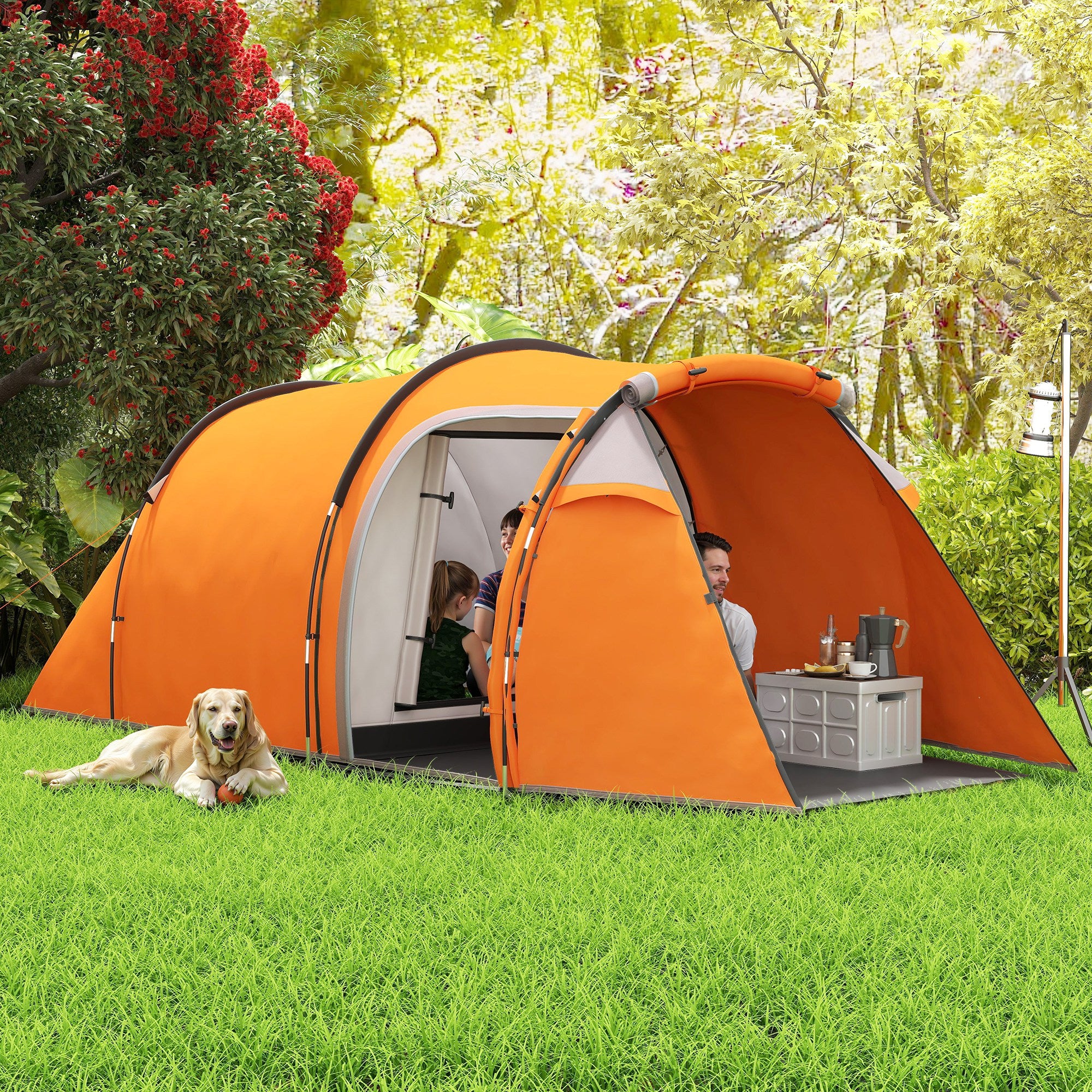 Outsunny 2-3 Man Tunnel Tents w/ Vestibule Camping Tent Porch Air Vents Weather-Resistant Shelter, Orange - North Peak Garden Furniture