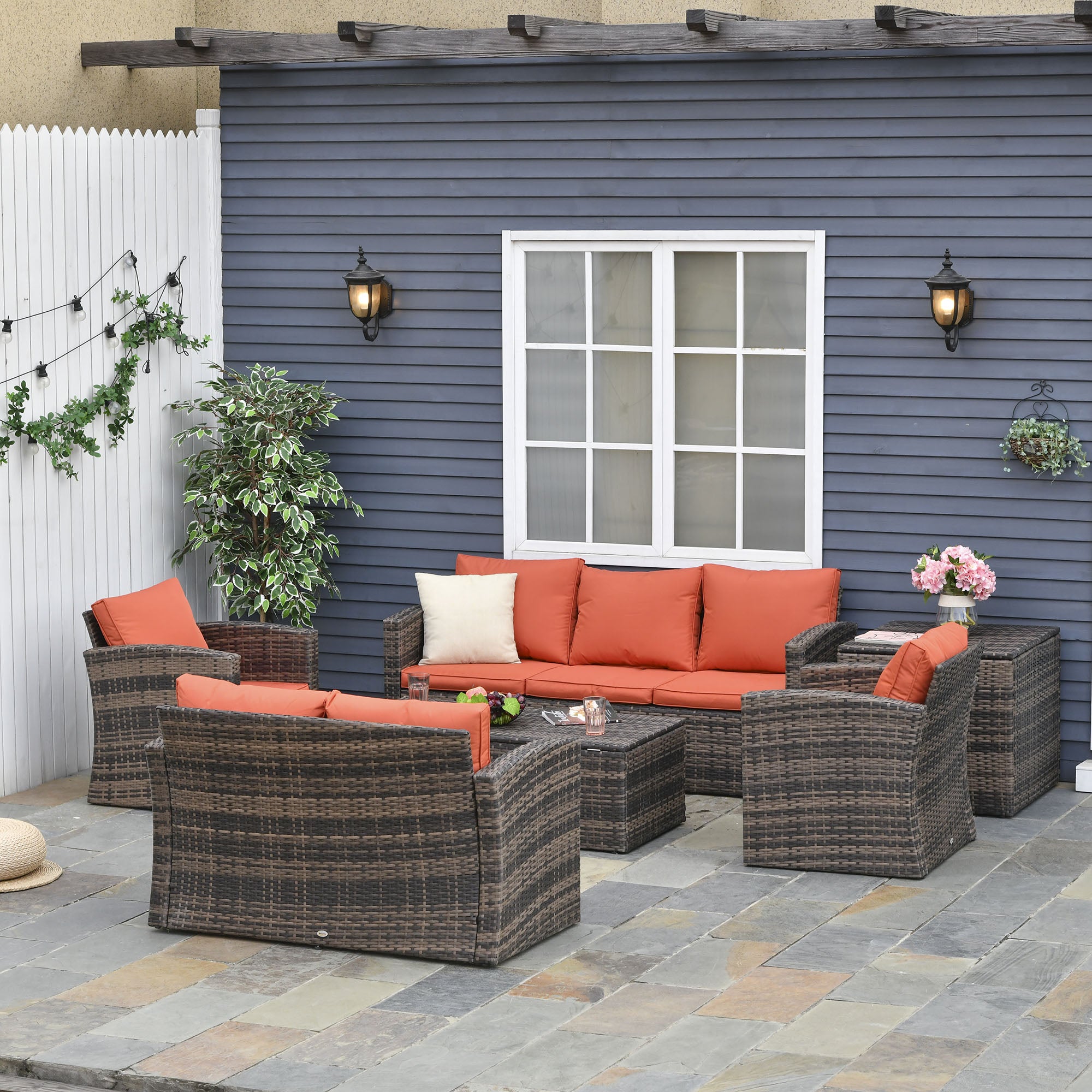 Outsunny 6 Pieces Rattan Garden Furniture Set, 7 Seater Wicker Outdoor Furniture Set with Storage Tea Table & Side Table, Sectional Garden Sofa Set with Cushions, Orange - North Peak Garden Furniture