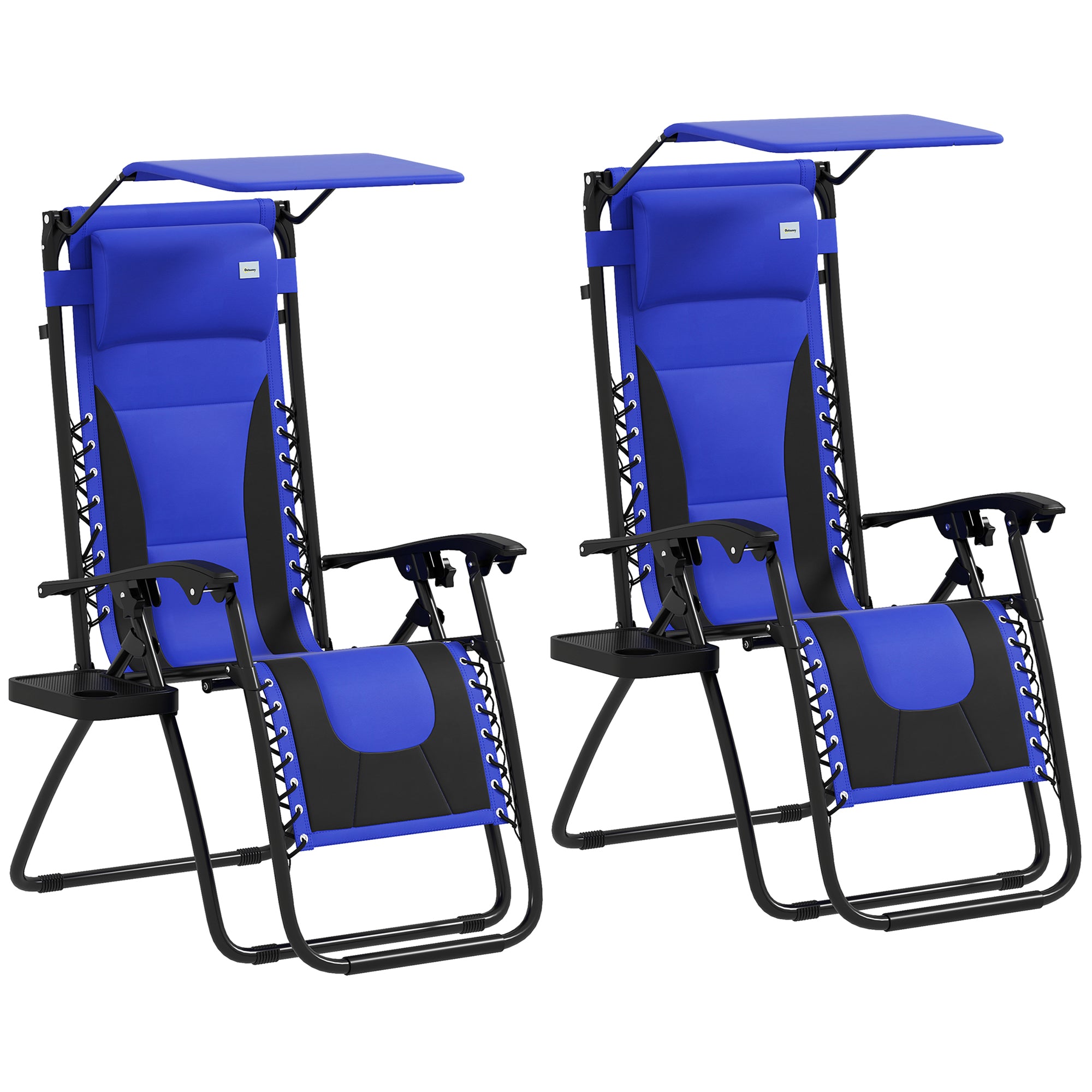 Outsunny Zero Gravity Lounger Chair Set of 2, Folding Reclining Patio Chair with Shade Cover, Cup Holder, Soft Cushion and Headrest for Poolside, Camping, Blue - North Peak Garden Furniture