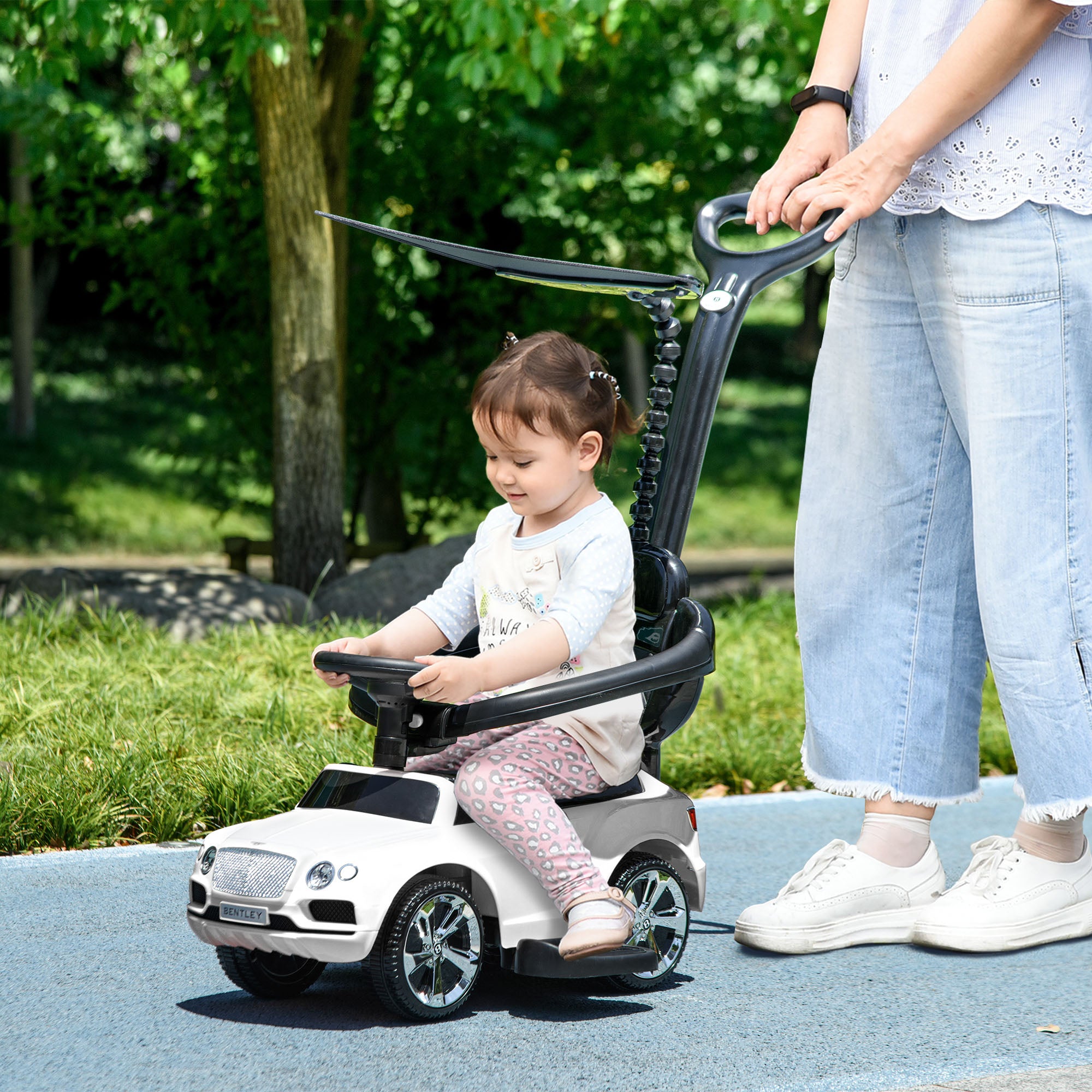 AIYAPLAY Bentley Bentayga Licensed 3-in-1 Baby Push Car, Ride on Car Sliding Car with Canopy, Horn Music - White - North Peak Garden Furniture