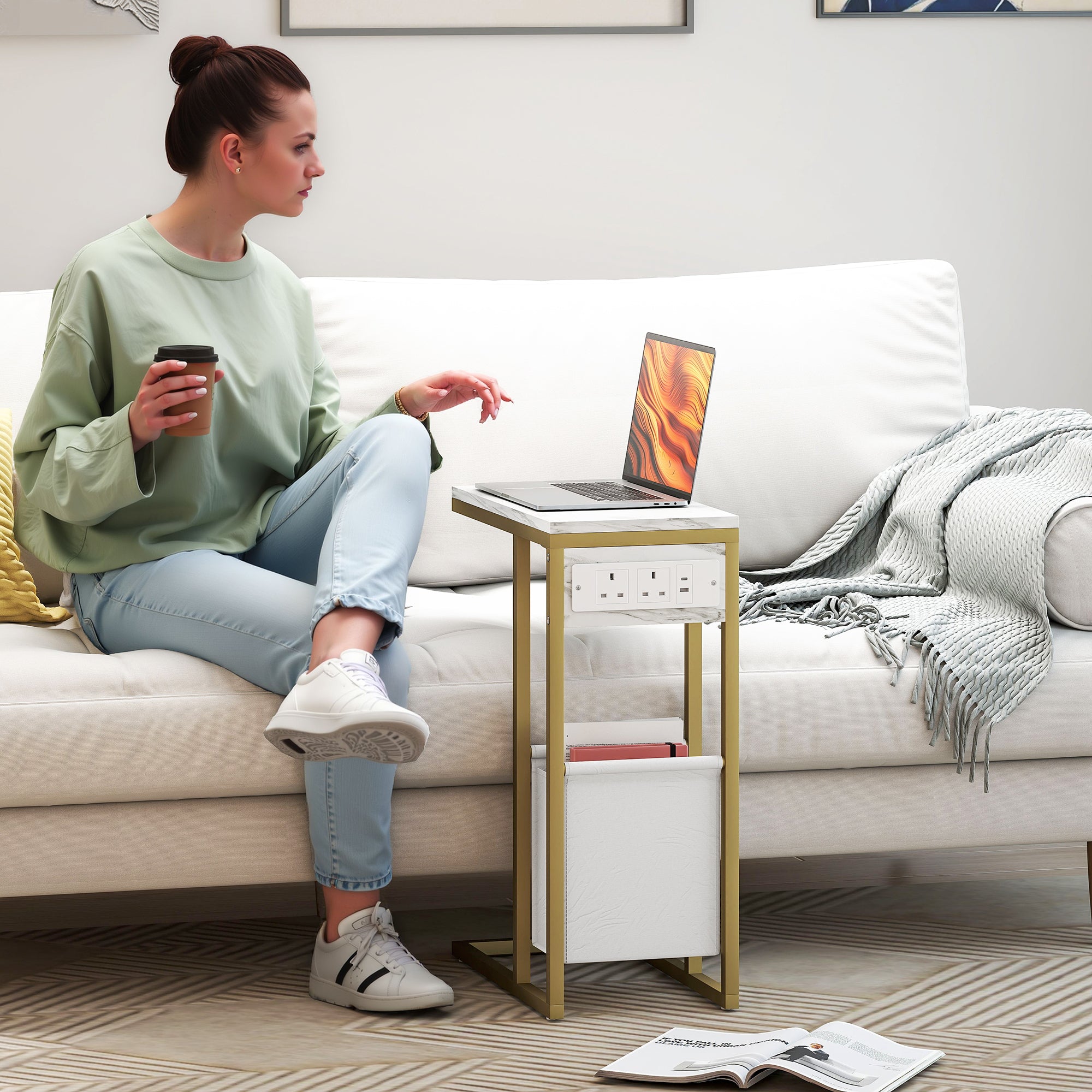 HOMCOM C Shaped Side Table with Charging Station and Faux Marble Top - White - North Peak Garden Furniture