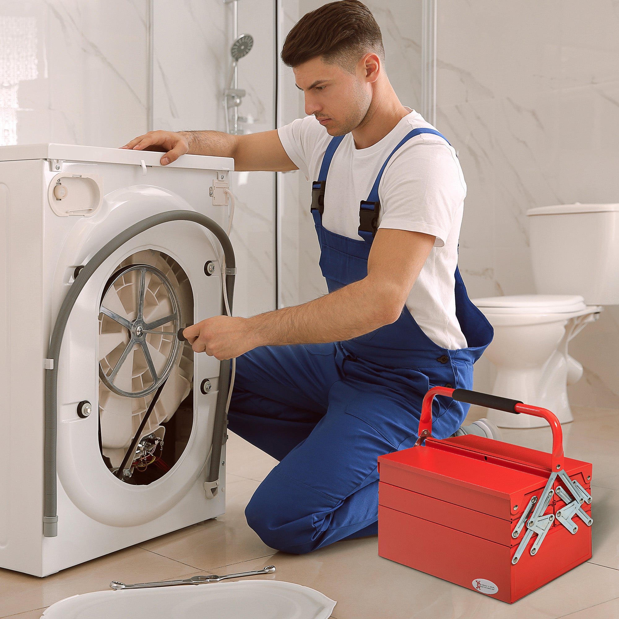 DURHAND Metal Tool Box 3 Tier 5 Tray Professional Portable Storage Cabinet Workshop Cantilever Toolbox with Carry Handle, 45cmx20cmx34.5cm, Red - North Peak Garden Furniture