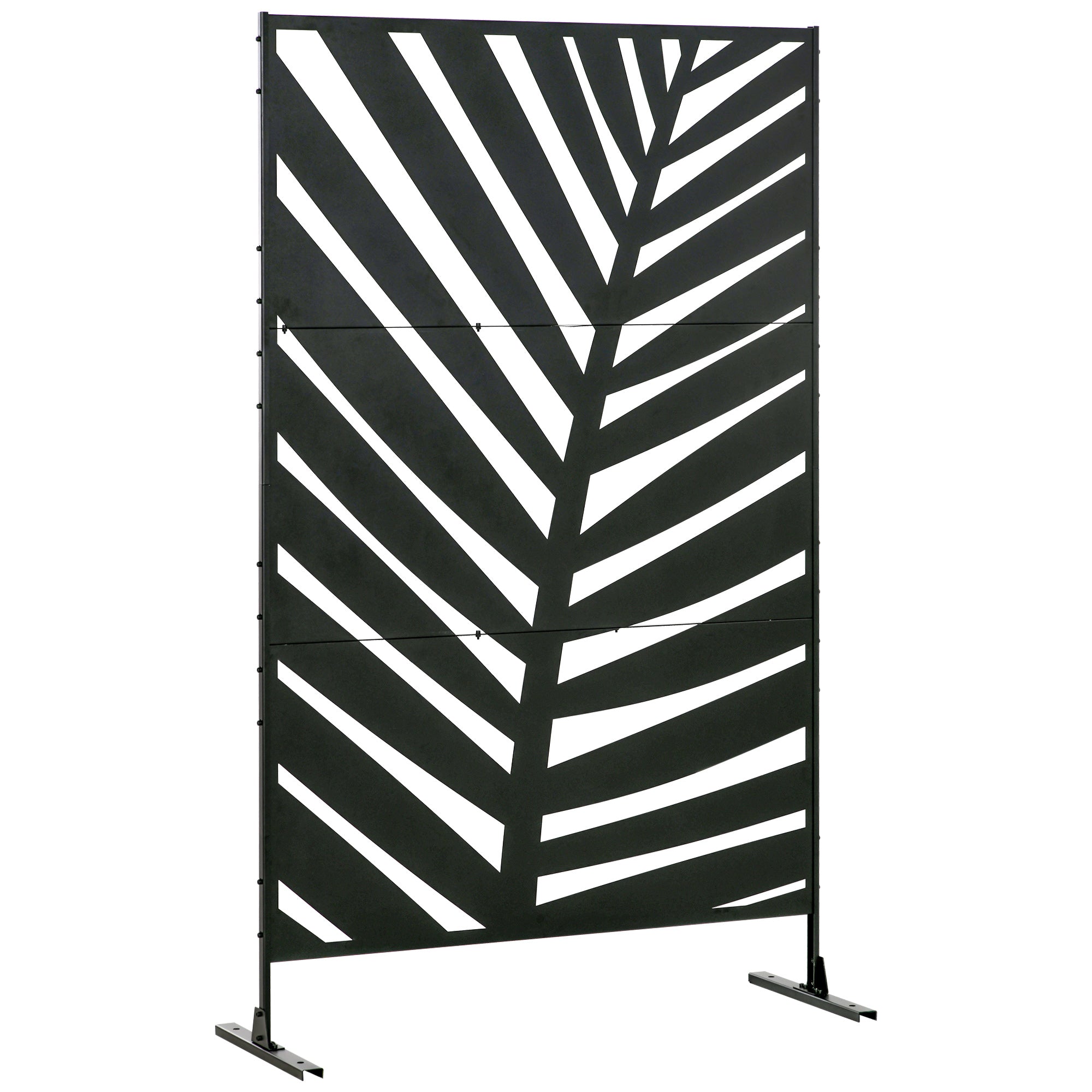 Outsunny Decorative Privacy Screen with Stand, 6.5FT Freestanding Metal Outdoor Divider, Decorative Privacy Panel with Expansion Screws for Garden Patio Pool Hot Tub, Banana Leaf Style, Black - North Peak Garden Furniture