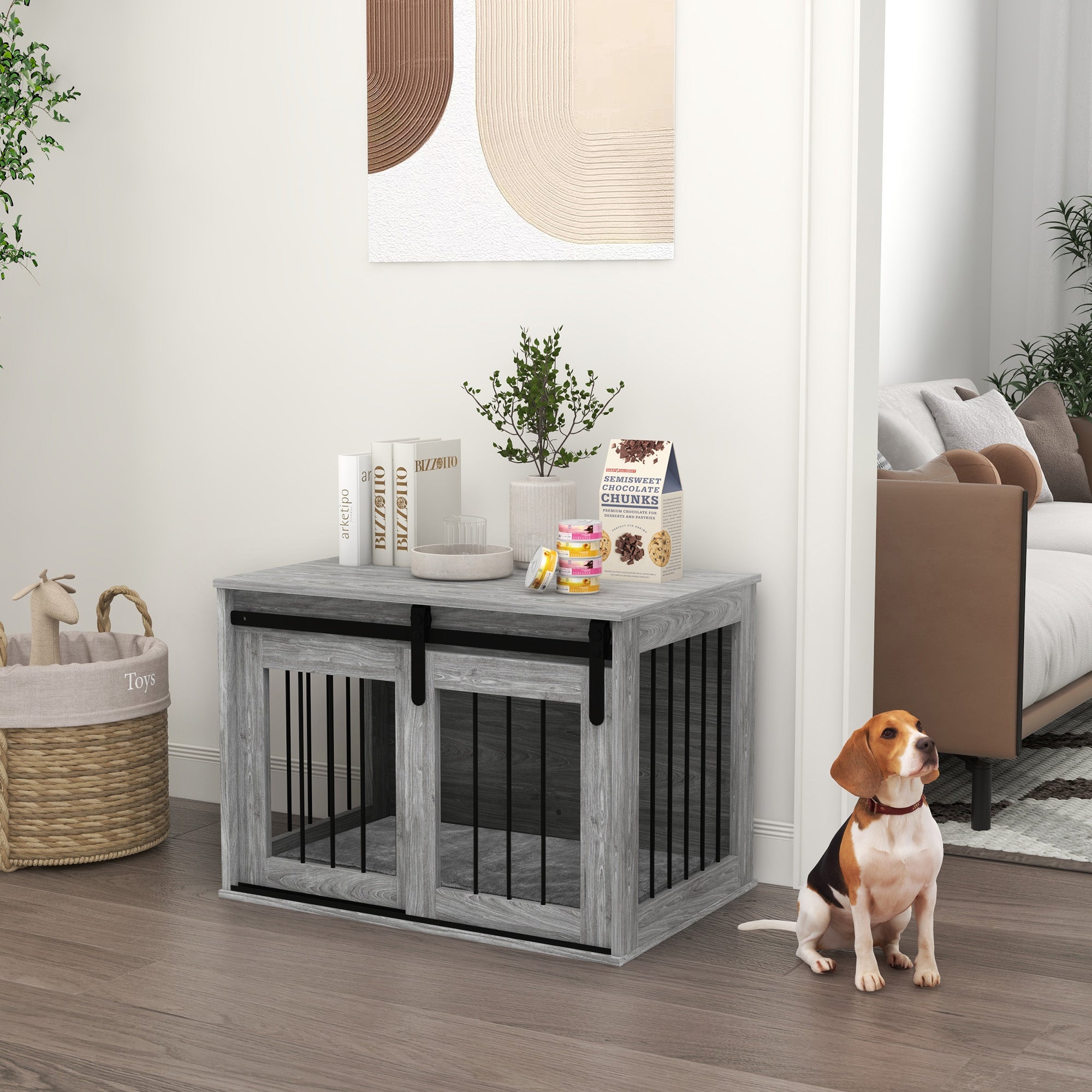 PawHut 80cm Dog Crate Furniture with Removable Cushion for Large Dogs- Grey - North Peak Garden Furniture