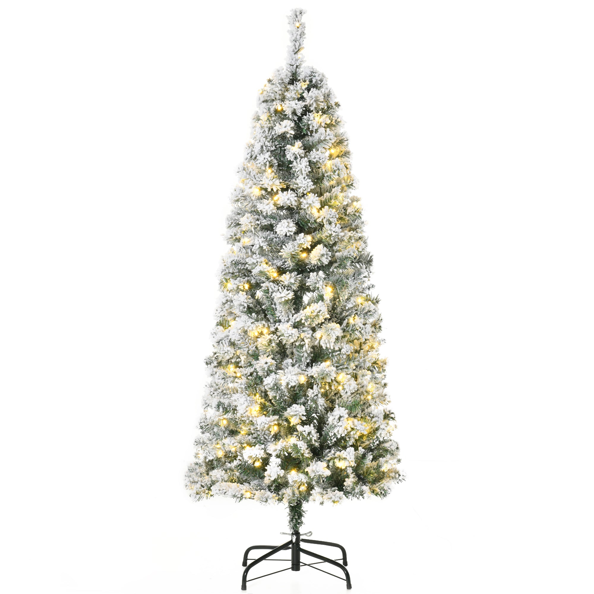 HOMCOM 5FT Prelit Artificial Snow Flocked Christmas Tree with Warm White LED Light, Holiday Home Xmas Decoration, Green White - North Peak Garden Furniture
