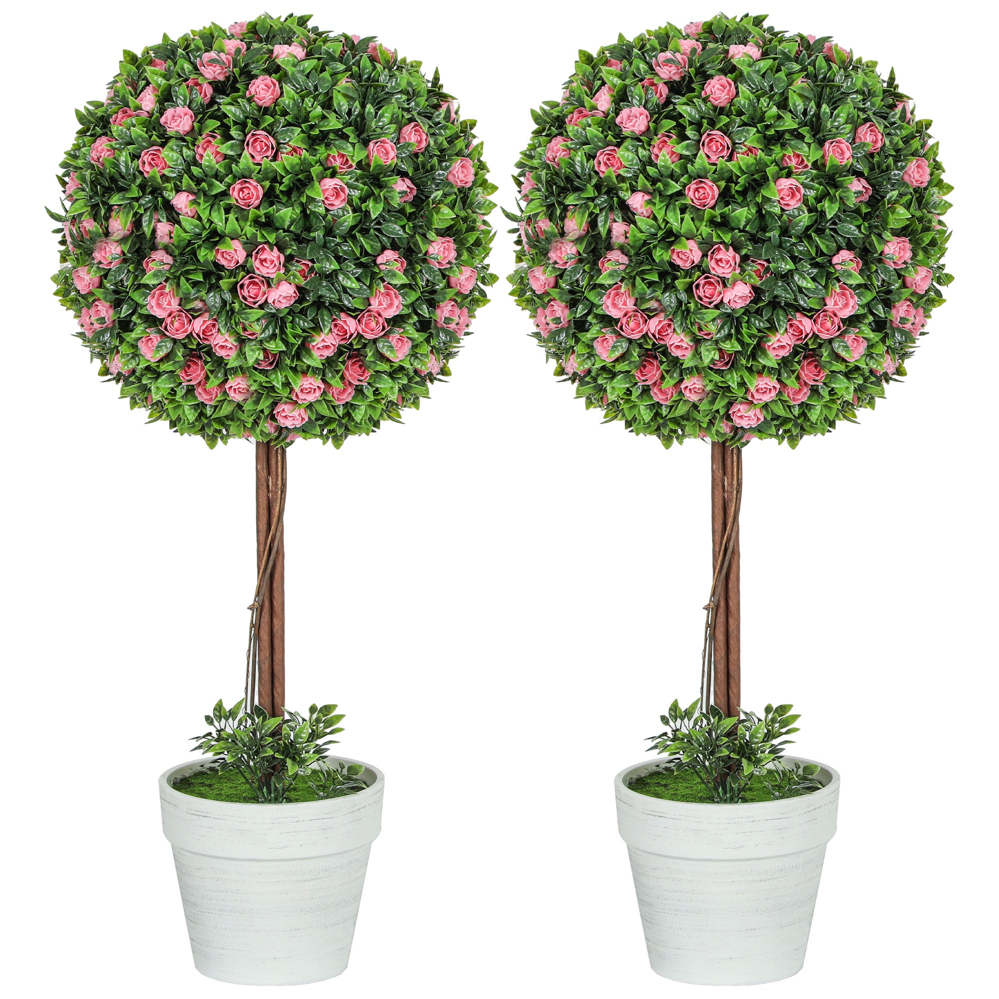 HOMCOM Set of 2 Decorative Artificial Plants, Ball Topiary Tree with Rose Flower in Pot, Fake Plants for Home Indoor Outdoor Decor, 60cm, Pink - North Peak Garden Furniture