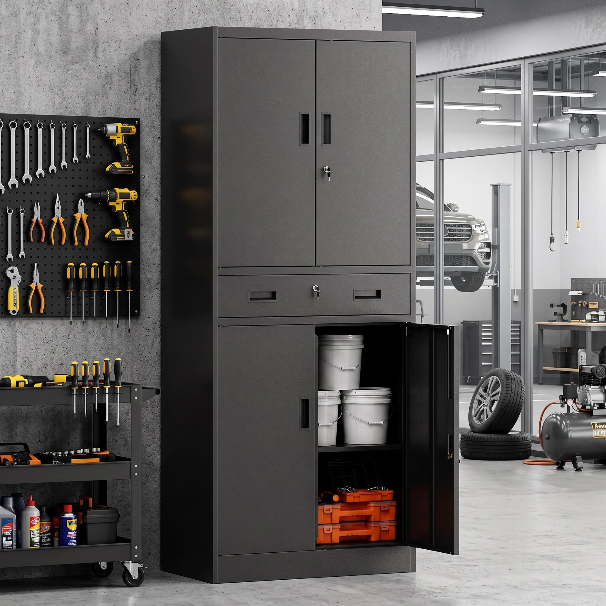 HOMCOM Metal Storage Cabinet, 180cm Tall Tool Cabinet with Locking Doors, Drawer and Adjustable Shelves, Black