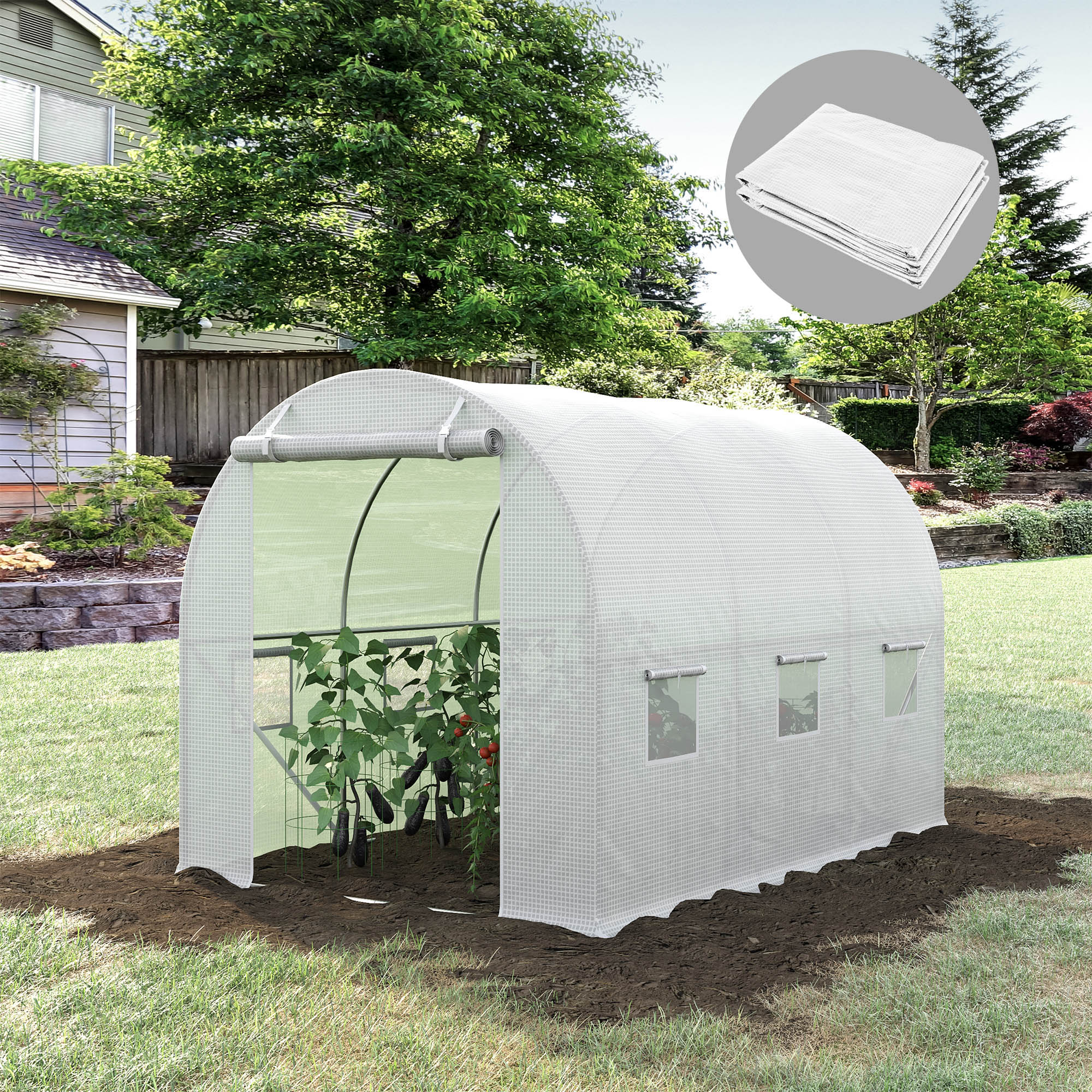 Outsunny 3 x 2 x 2m Greenhouse Replacement Cover ONLY Winter Garden Plant PE Cover for Tunnel Walk-in Greenhouse with Roll-up Windows Door Outdoor, White - North Peak Garden Furniture