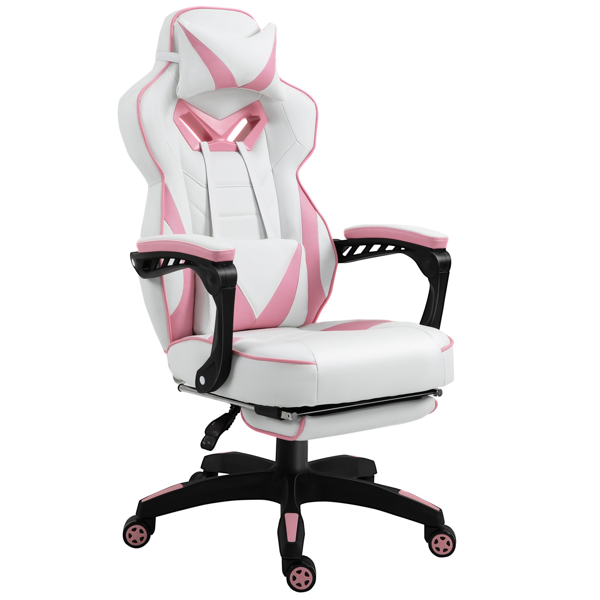 Vinsetto Computer Gaming Chair, Racing Desk Chair with Lumbar Support and Footrest, PU Leather Gamer Chair with Headrest and Swivel Wheels for Home, Pink - North Peak Garden Furniture
