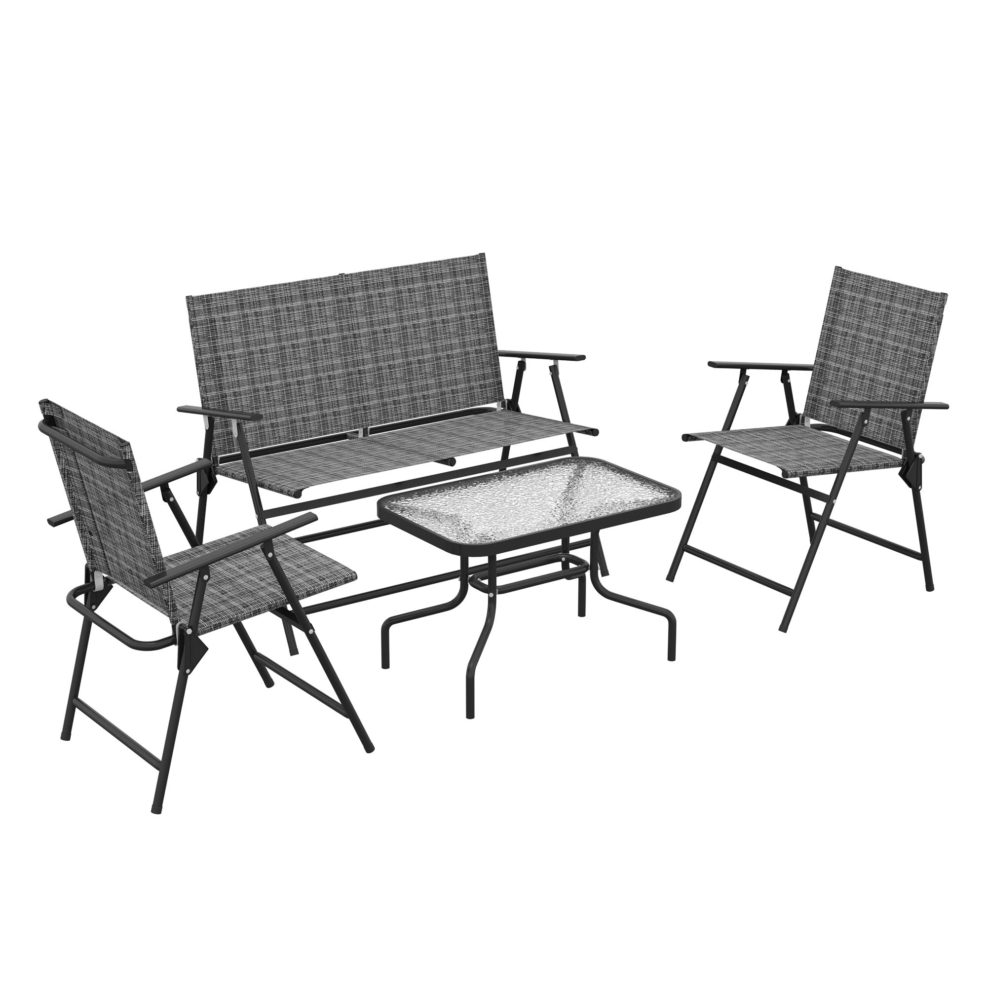 Outsunny Outdoor 4 Pieces Patio Furniture Set with Breathable Mesh Fabric Seat & Backrest, Garden Set with Two Foldable Armchairs, a Loveseat & Glass Top Table, Mixed Grey - North Peak Garden Furniture