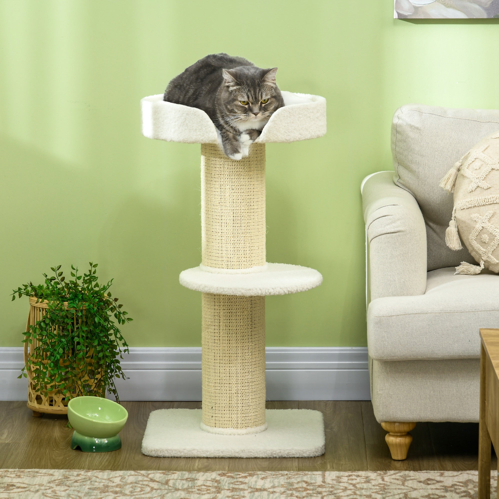 PawHut 2 Tier Sisal Sherpa Cat Tree with Basket Cushion Sisal Post Cream White - North Peak Garden Furniture