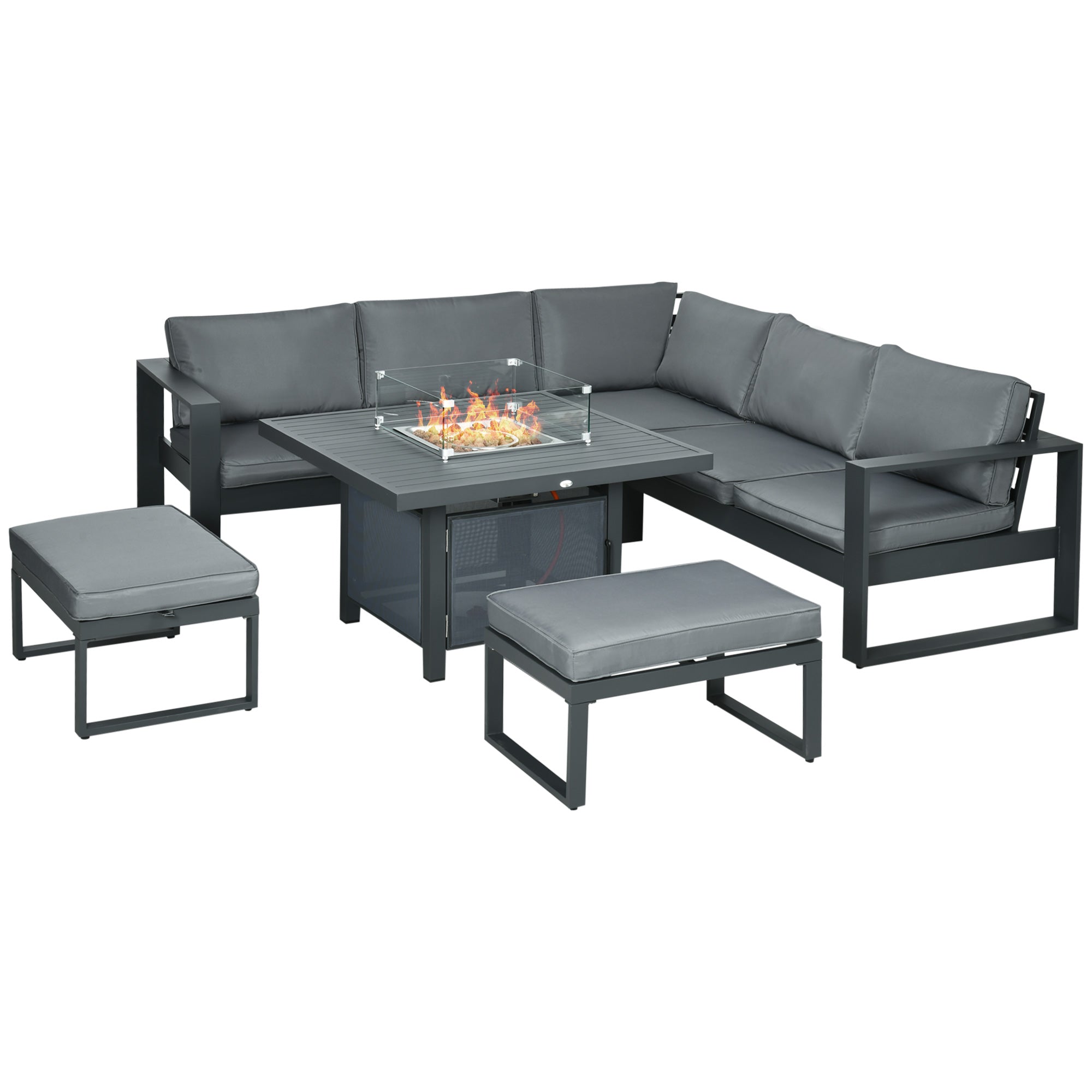 Outsunny 6-Piece Aluminium Garden Furniture Set, Outdoor Conversational Corner Sofa Loveseat Footstool Sectional with Gas Fire Pit Table for Yard, Poolside, Grey - North Peak Garden Furniture