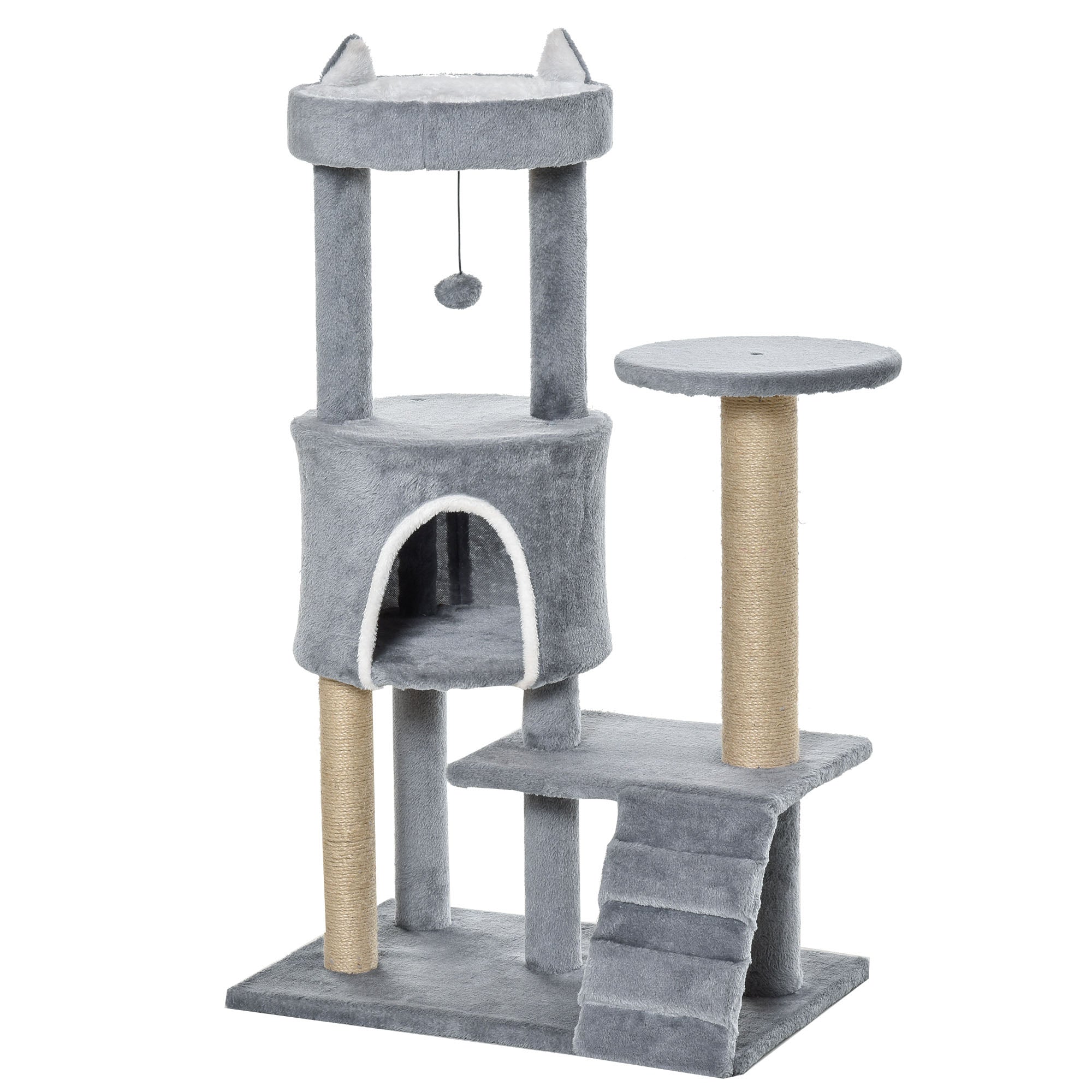 PawHut 100 cm Cat Tree, Cat Condo Tree Tower for Indoor Cats, Cat Activity Centre with Scratching Posts, Plush Perch, Ladder, Hanging Ball - Light Grey - North Peak Garden Furniture