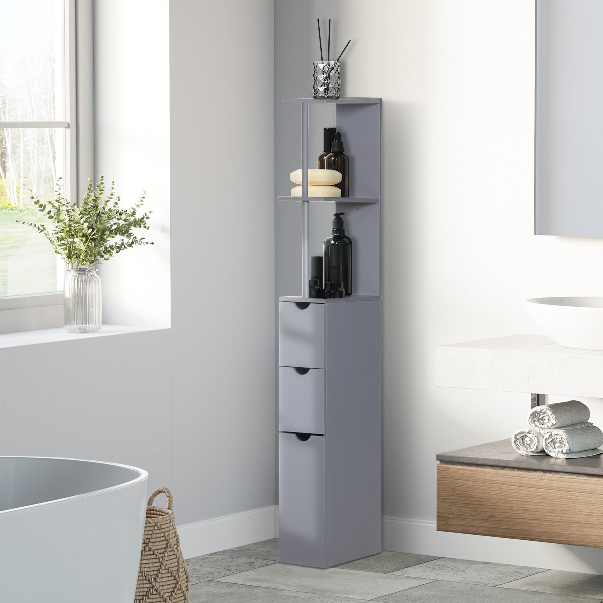 HOMCOM Tall Bathroom Cabinet, Freestanding Bathroom Storage Cabinet with 2-Tier Shelf and Drawers, Narrow Cupboard Storage Unit, Grey - North Peak Garden Furniture