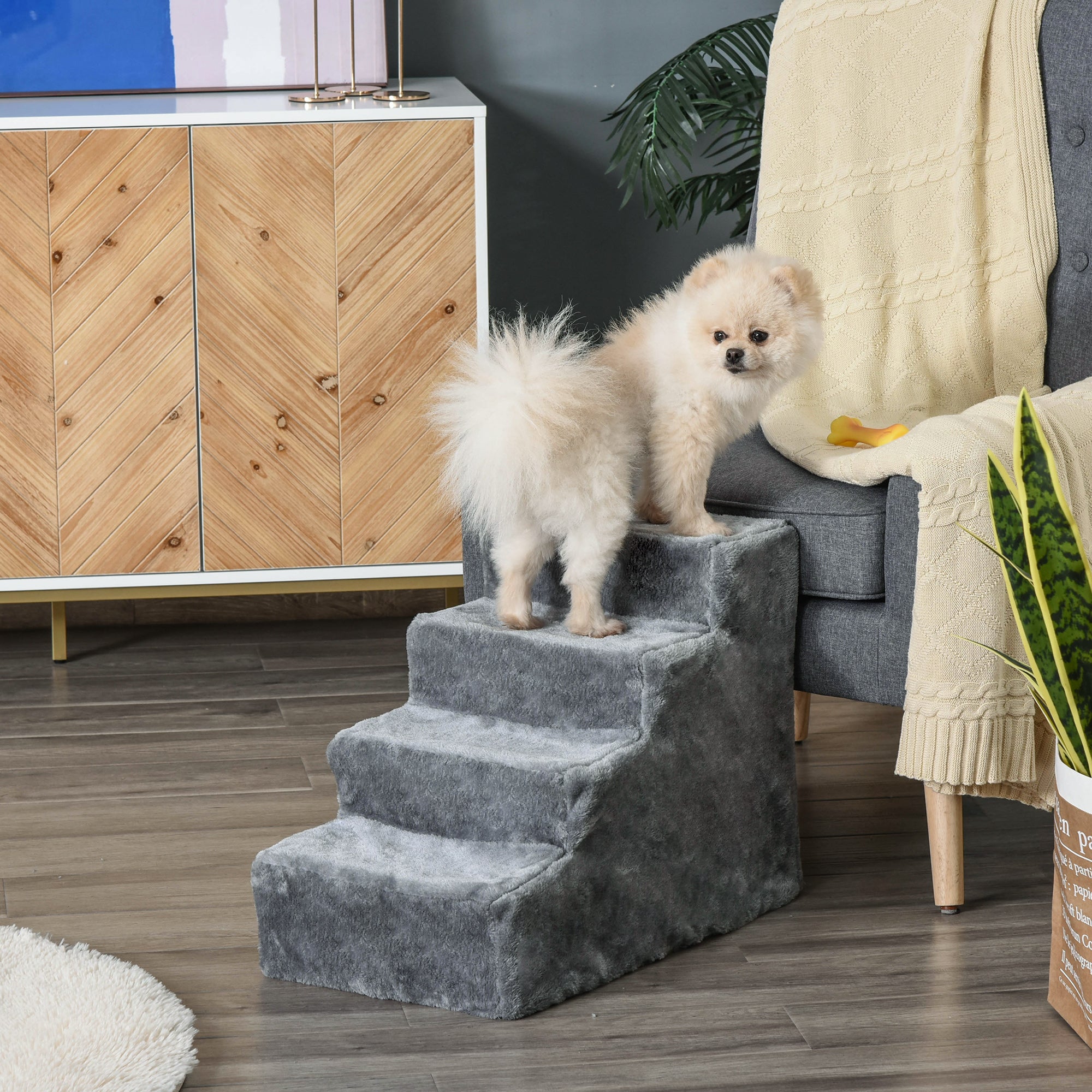 PawHut Four-Step Dog Stairs, with Washable Plush Cover, for High Bed Sofa, Dog Stairs for Small Dog and Cat - Light Grey - North Peak Garden Furniture