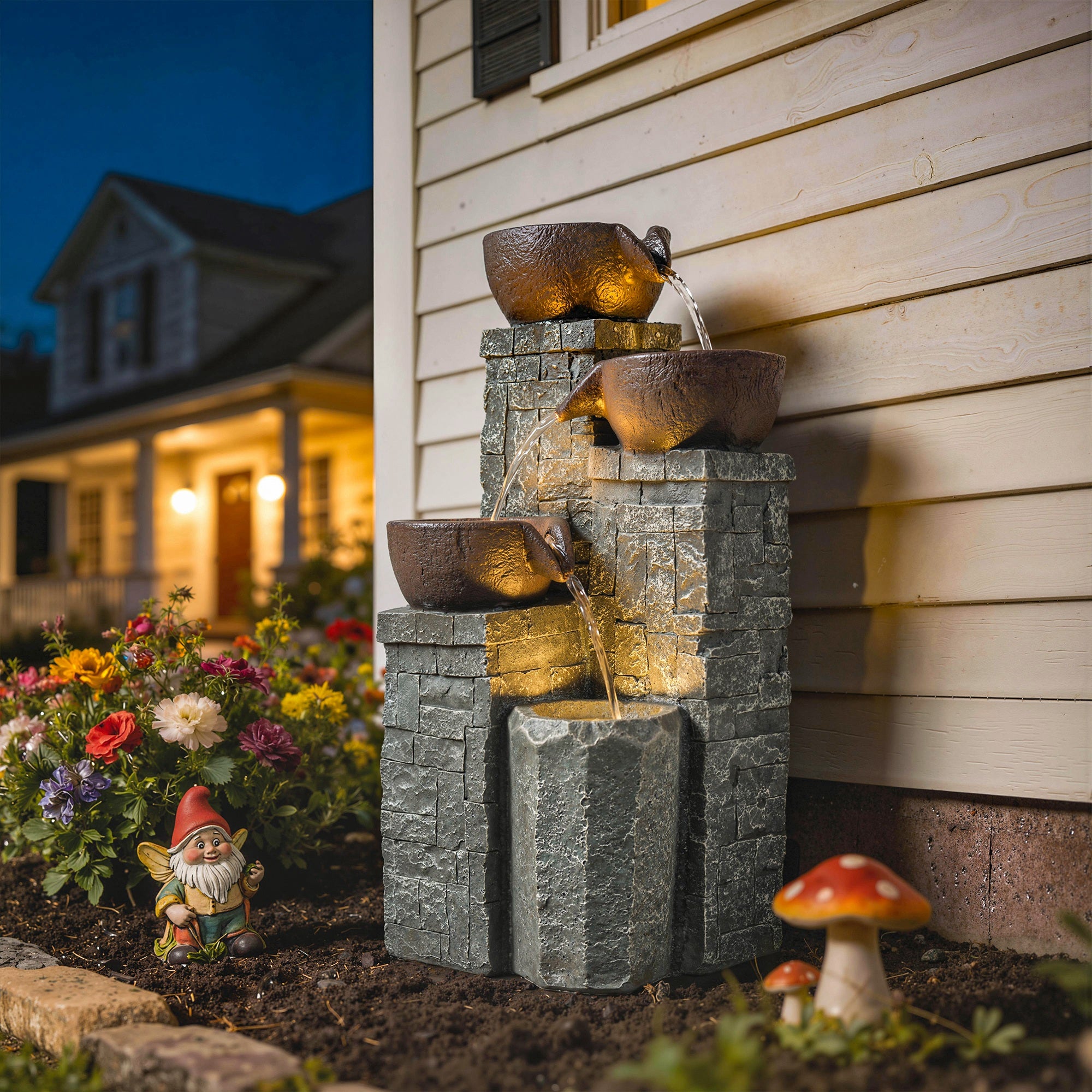 Outsunny 4-Tier Outdoor Fountain, Cascading Waterfall, Garden Fountain with LED Lights, Adjustable Flow, Grey and Rustic Brown