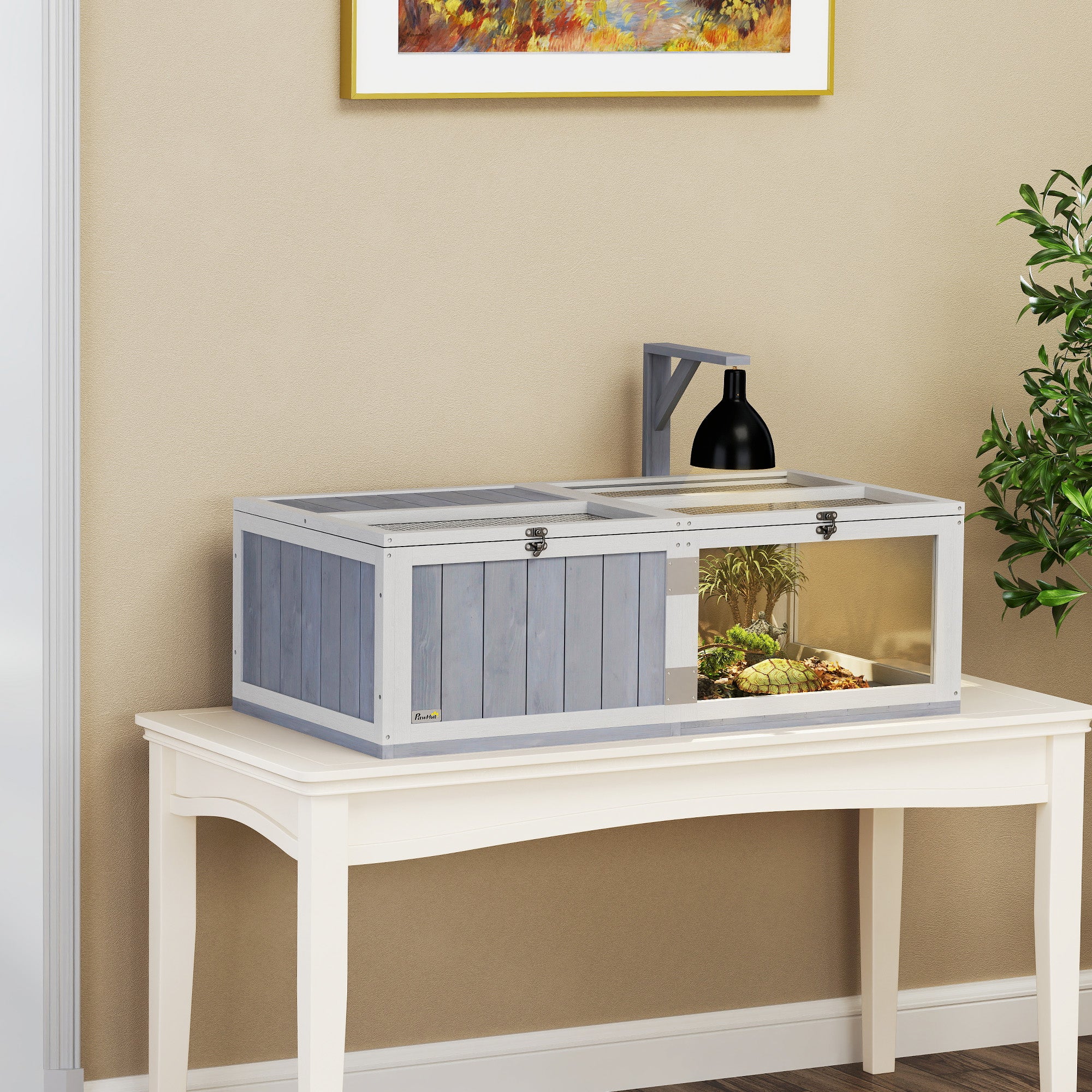 PawHut Wooden Tortoise House with Lamp Holder, Clear Observation Window, Openable Tops, Built-in Tray, Light Grey - North Peak Garden Furniture