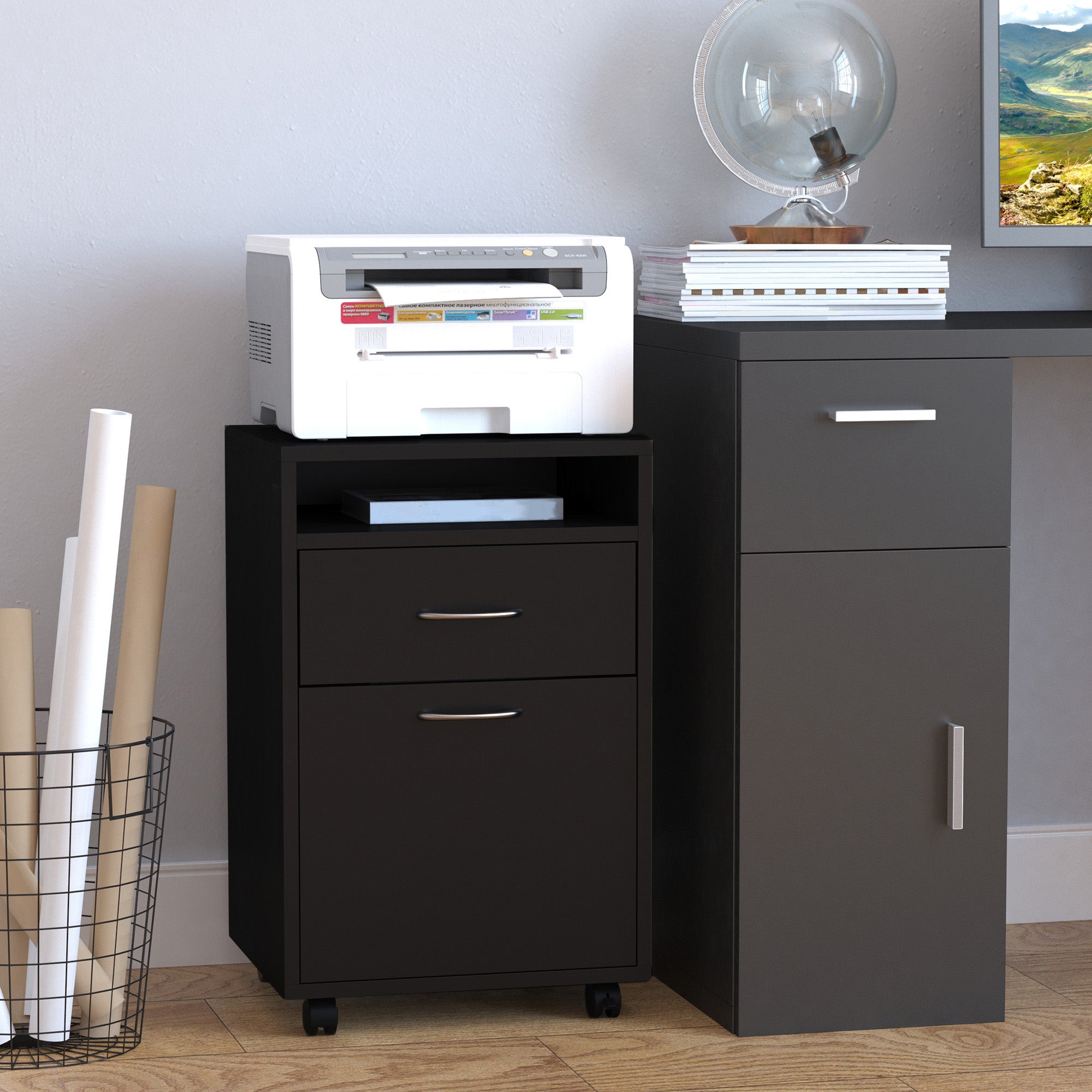 HOMCOM 60cm Storage Cabinet with Drawer, Open Shelf, Metal Handles and 4 Wheels, Office Home Organiser Mobile Printer, Black - North Peak Garden Furniture
