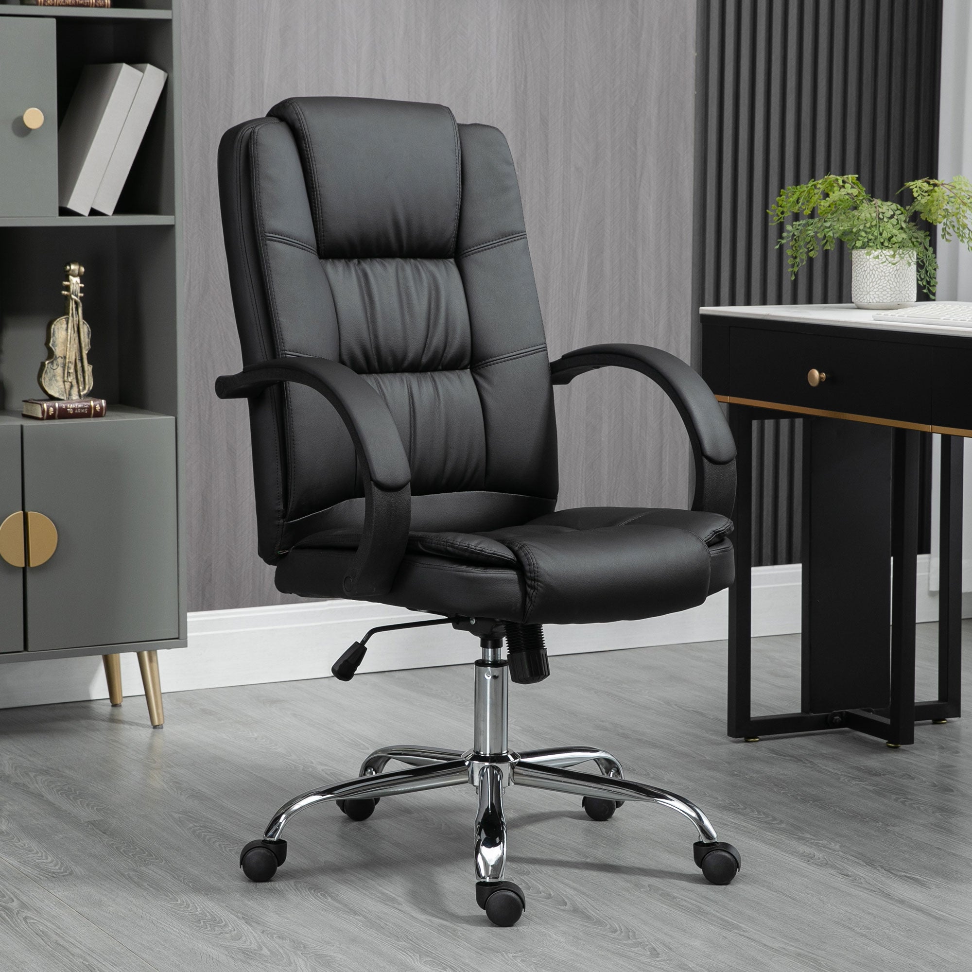 Vinsetto Office Chair, PU Leather Desk Chair with 13cm Soft Padded Seat and Backrest, Swivel Chair with Adjustable Height and Rolling Wheels, Black - North Peak Garden Furniture