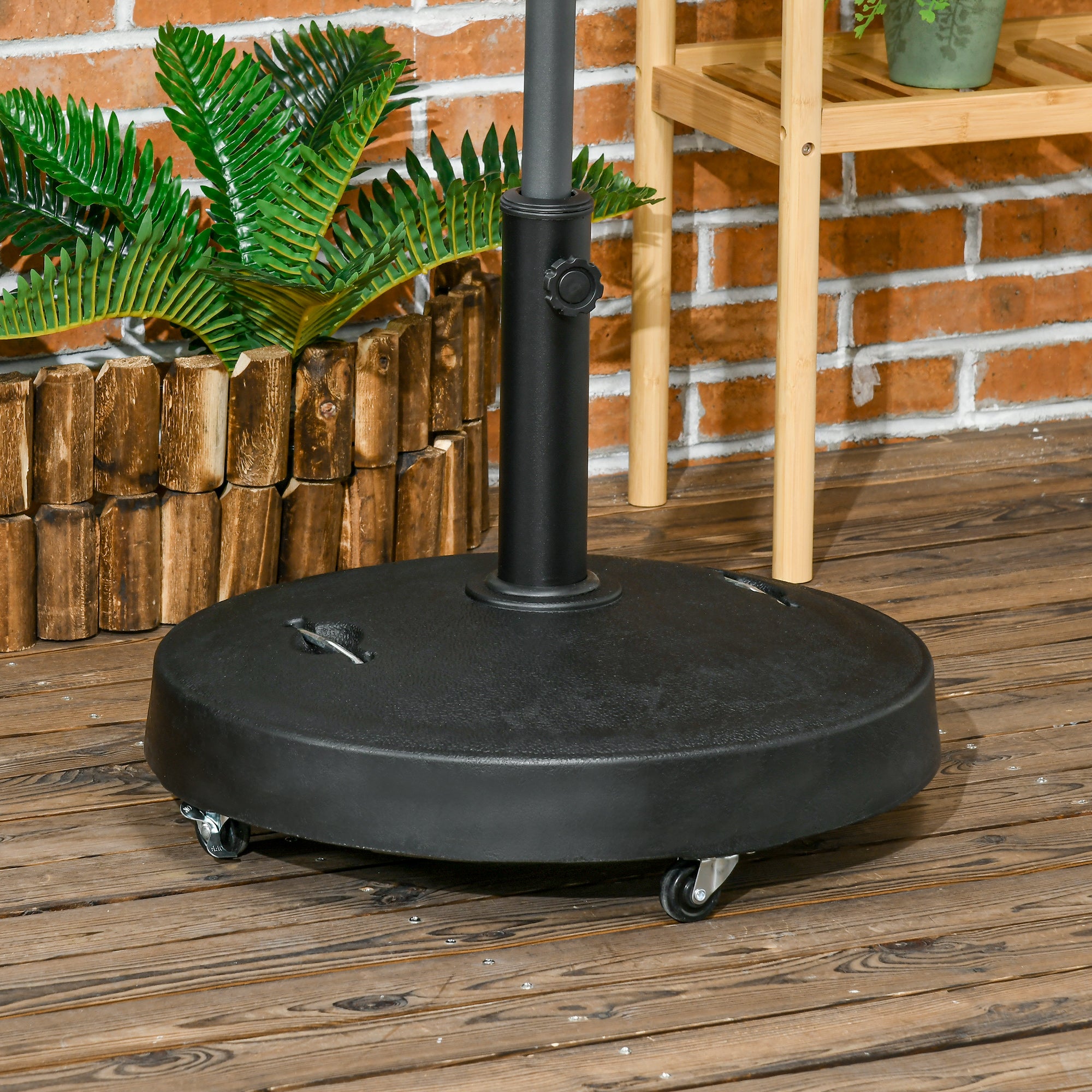 Outsunny 25kg Resin Garden Parasol Base with Wheels and Retractable Handles, Round Outdoor Market Umbrella Stand Weight for Poles of Φ38mm to Φ48mm, Black