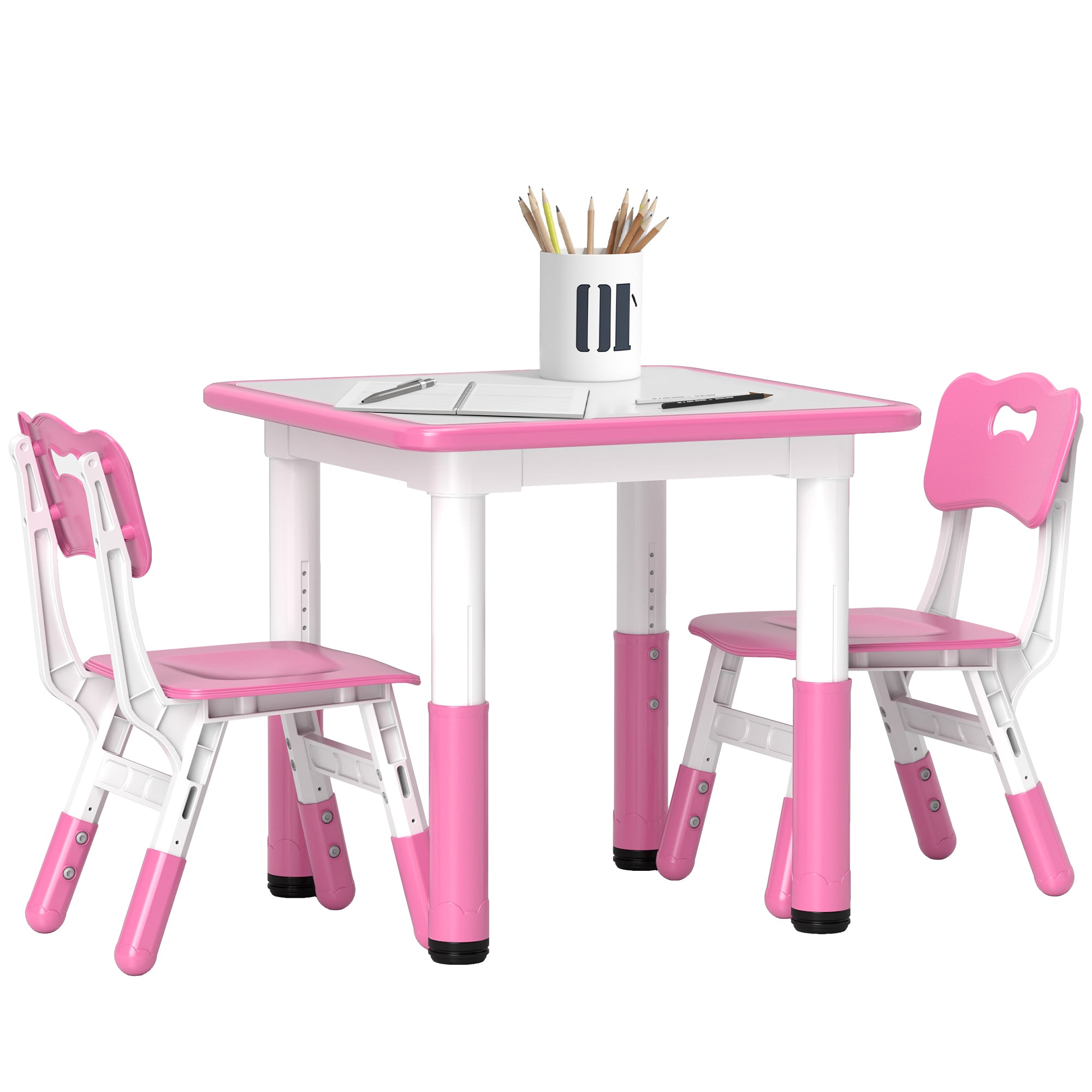 AIYAPLAY Height Adjustable Toddler Table and Chair Set, 3 Pcs Children Activity Table w/ 2 Chairs, for Playroom, Bedroom - Pink - North Peak Garden Furniture