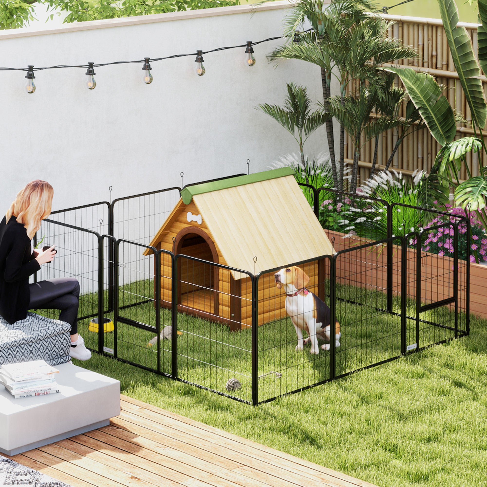 PawHut 12 Panels Heavy Duty Dog Playpen with Doors, for Medium Dogs, 80cm High, Black - North Peak Garden Furniture