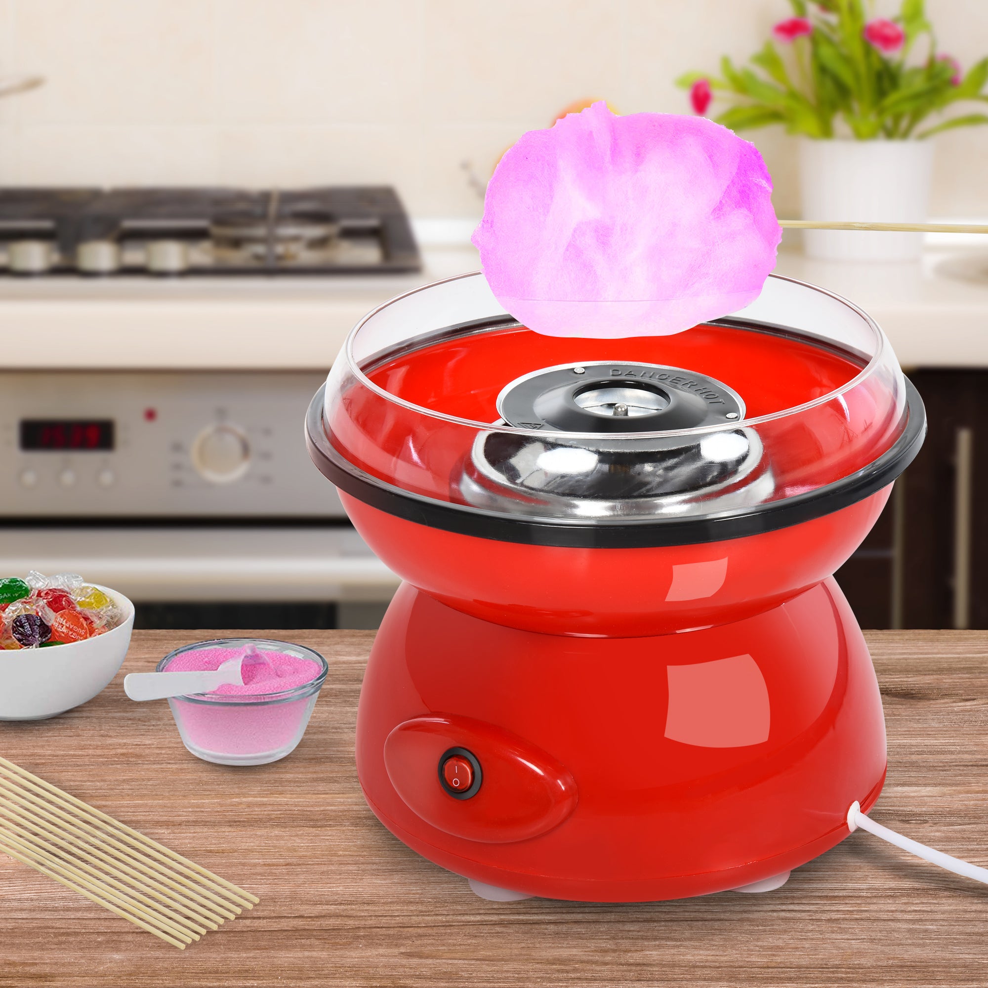 HOMCOM 450W Electric Candyfloss Machine Kit Non-Stick Plates Fairground Fun Children Adult Party Gift Home Sweet Metal Body w/ Accessories Red - North Peak Garden Furniture