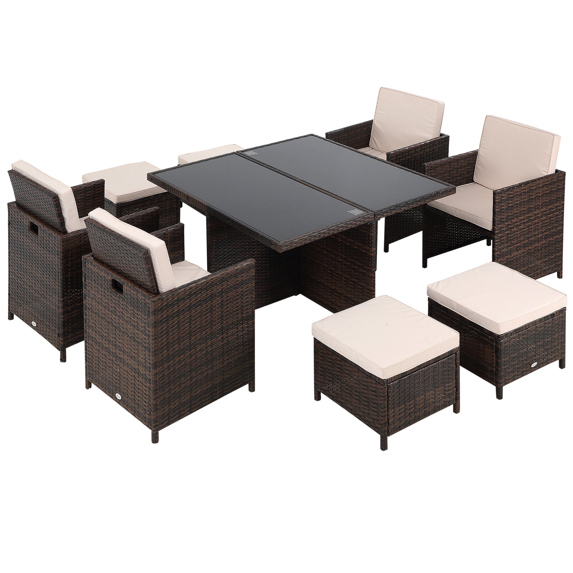 Outsunny 8 Seater Rattan Cube Garden Furniture Set, Rattan Dining Set with Cushions, Outdoor Dining Table and Chairs with 4 Armchairs, 4 Stools, Square Glass Top Table for Patio, Balcony, Brown - North Peak Garden Furniture