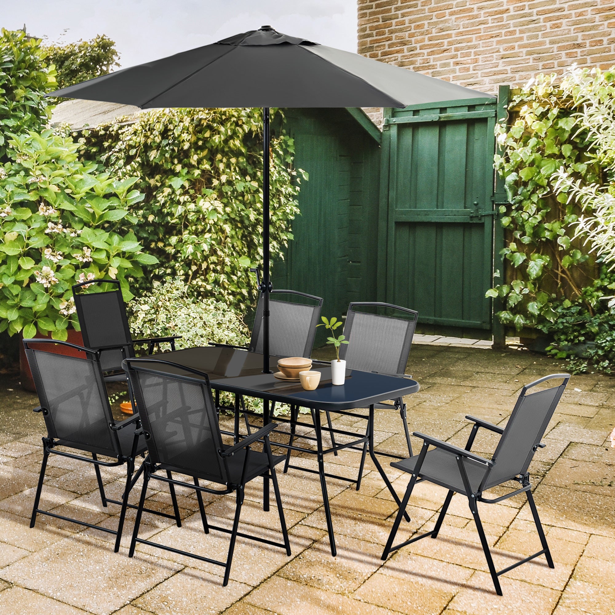 Outsunny Eight-Piece Garden Dining Set, with Chairs, Table and Parasol - Black - North Peak Garden Furniture