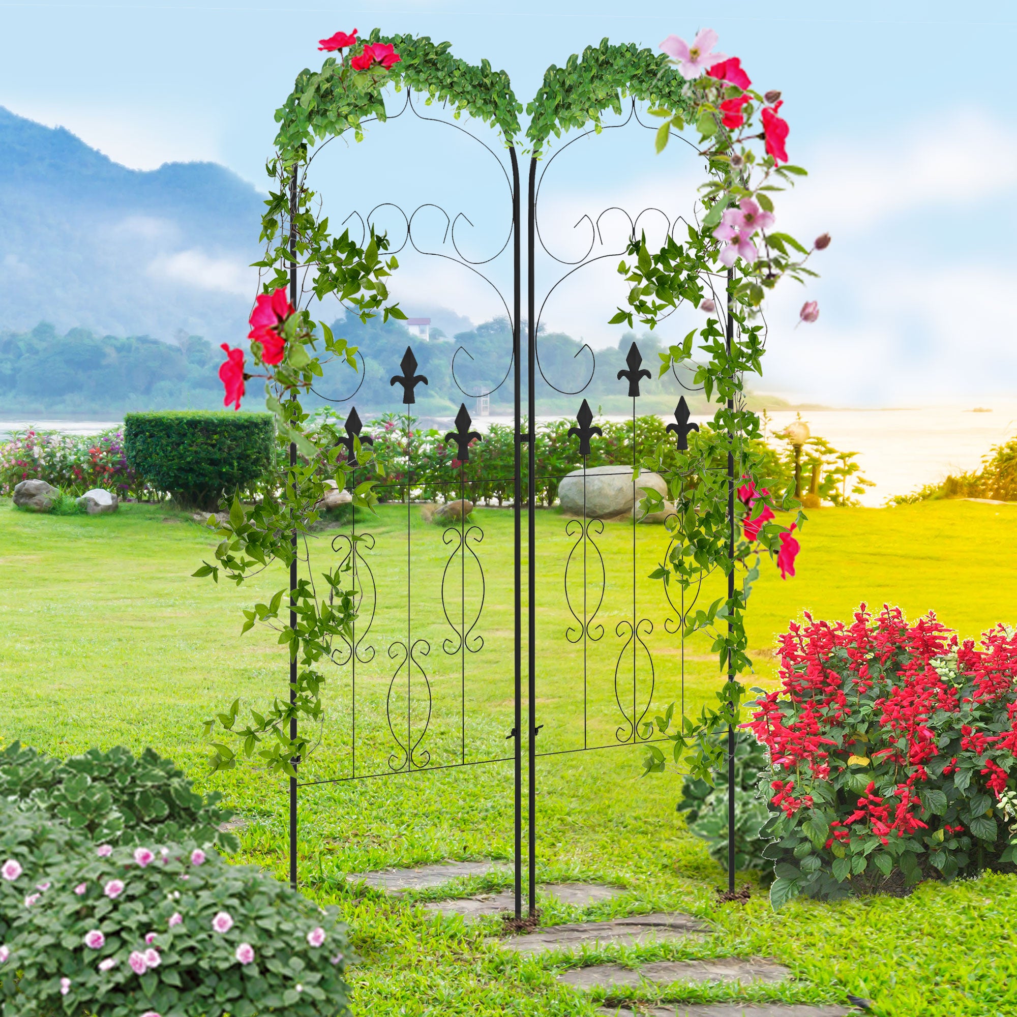 Outsunny Metal Trellis Set of 2, Garden Trellis for Climbing Plants Support Frames, Scrolls Design - North Peak Garden Furniture