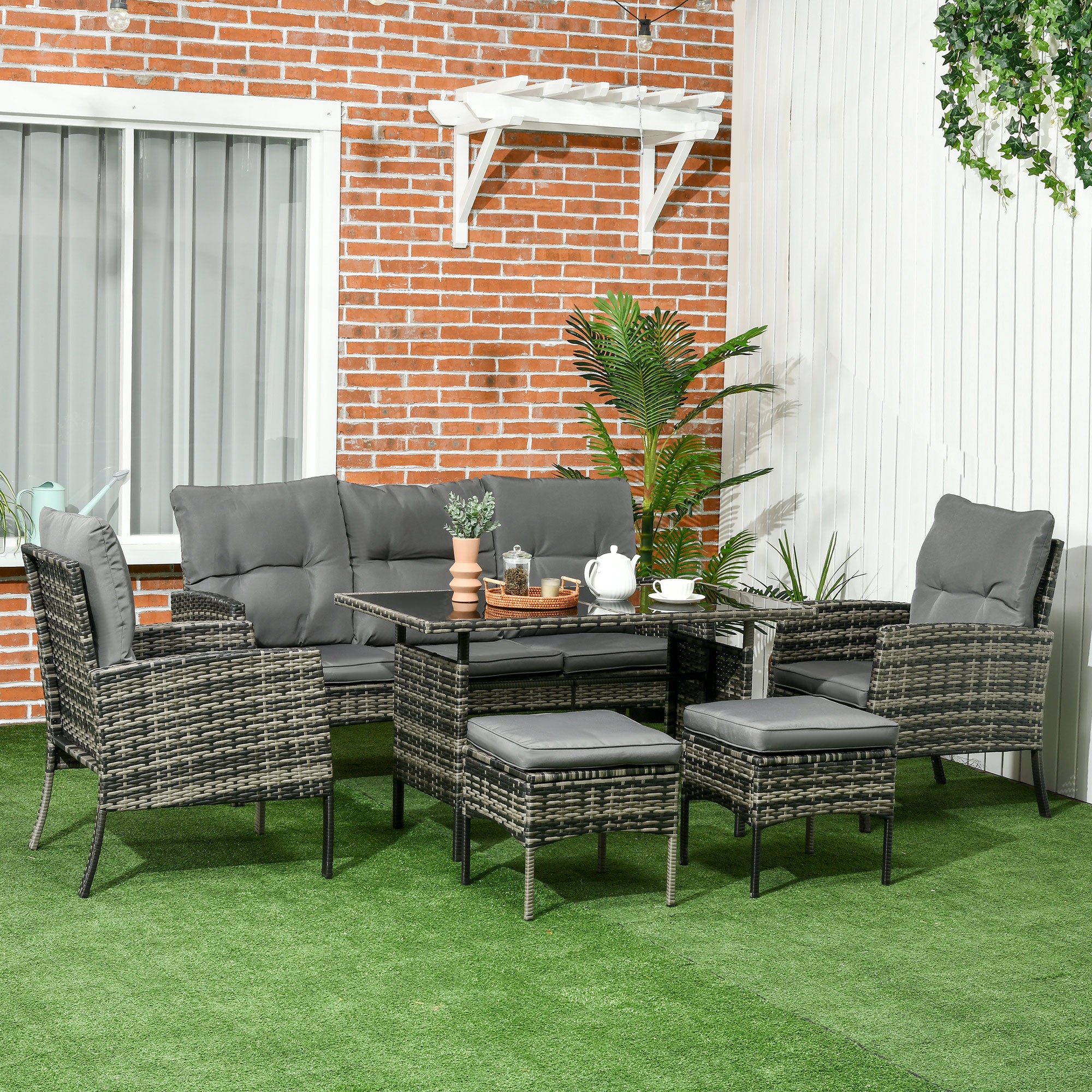Outsunny 5 Seater Rattan Garden Furniture Set, 2 Armchairs, 3-seater Wicker Sofa, 2 Footstools and Glass Table, 6 Piece Patio Rattan furniture Sofa Sets with Cushions for Conservatory, Grey - North Peak Garden Furniture