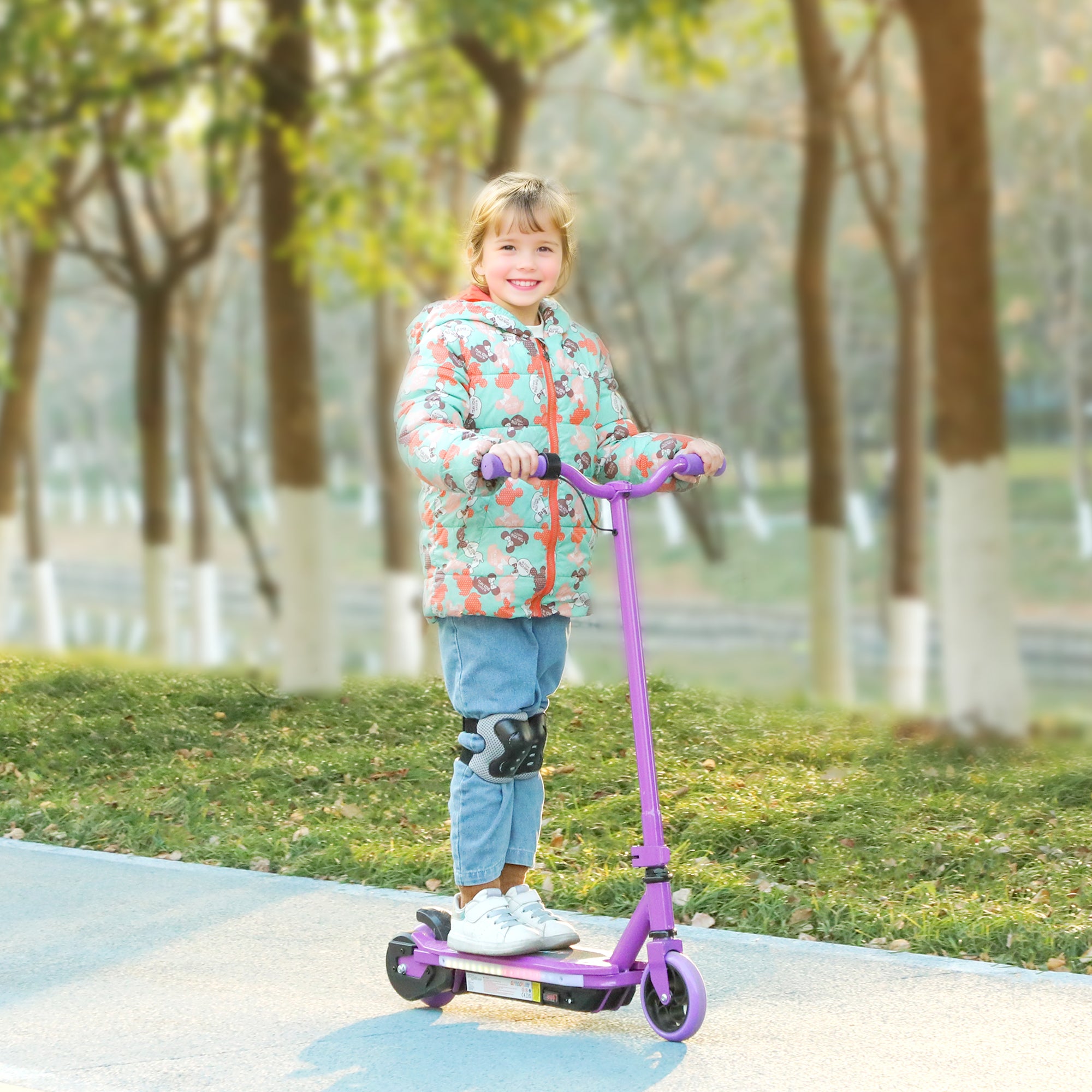 AIYAPLAY Electric Scooter for Ages 6-14, with Colourful Light and Electric Brake, Electric Scooter E Scooter, Up to 10 KM/H & 8 KM, Purple - North Peak Garden Furniture