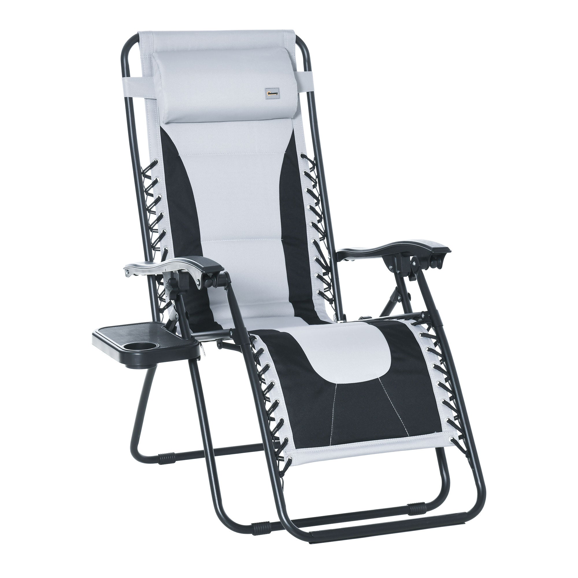Outsunny Zero Gravity Chair, Folding Recliner, Patio Sun Lounger with Cup Holder, Adjustable Backrest, Padded Pillow for Outdoor, Patio, Deck, Poolside, Light Grey - North Peak Garden Furniture