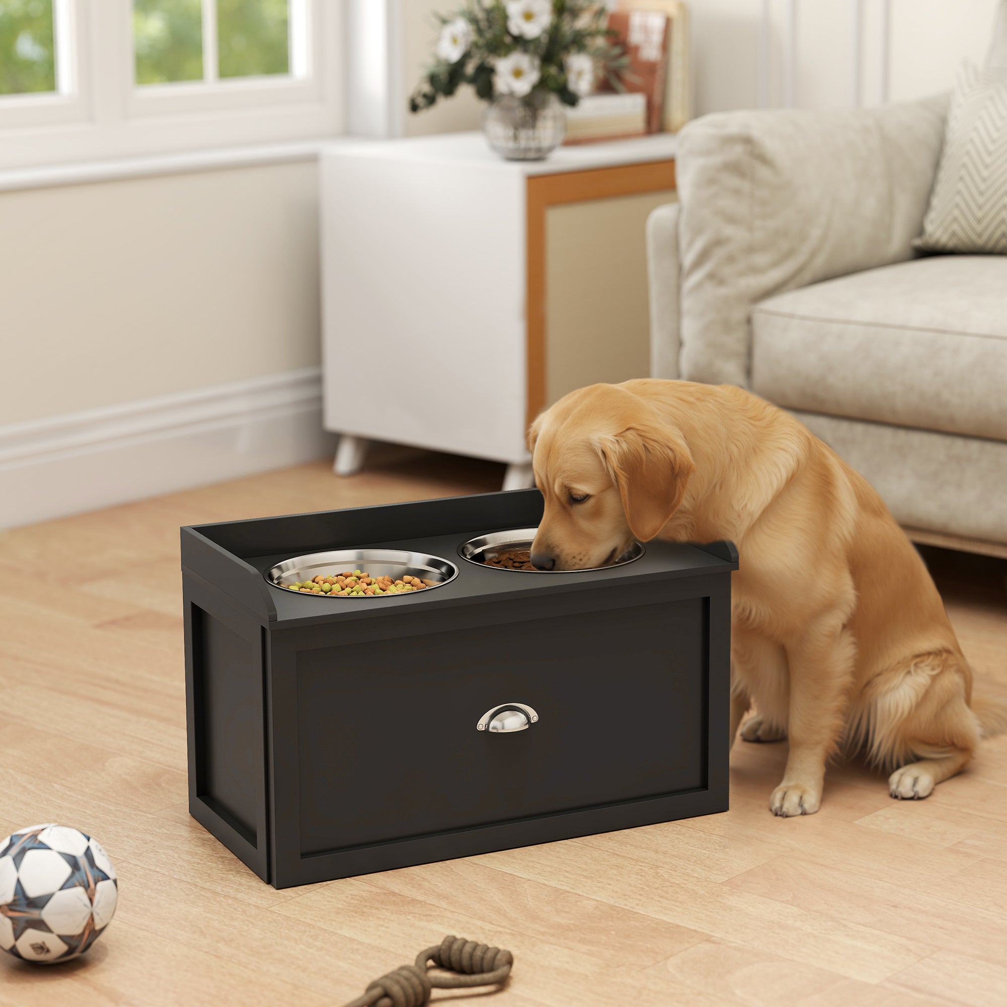 PawHut Stainless Steel Raised Dog Bowls, with 21L Storage Drawer for Large Dogs and Cats - Black