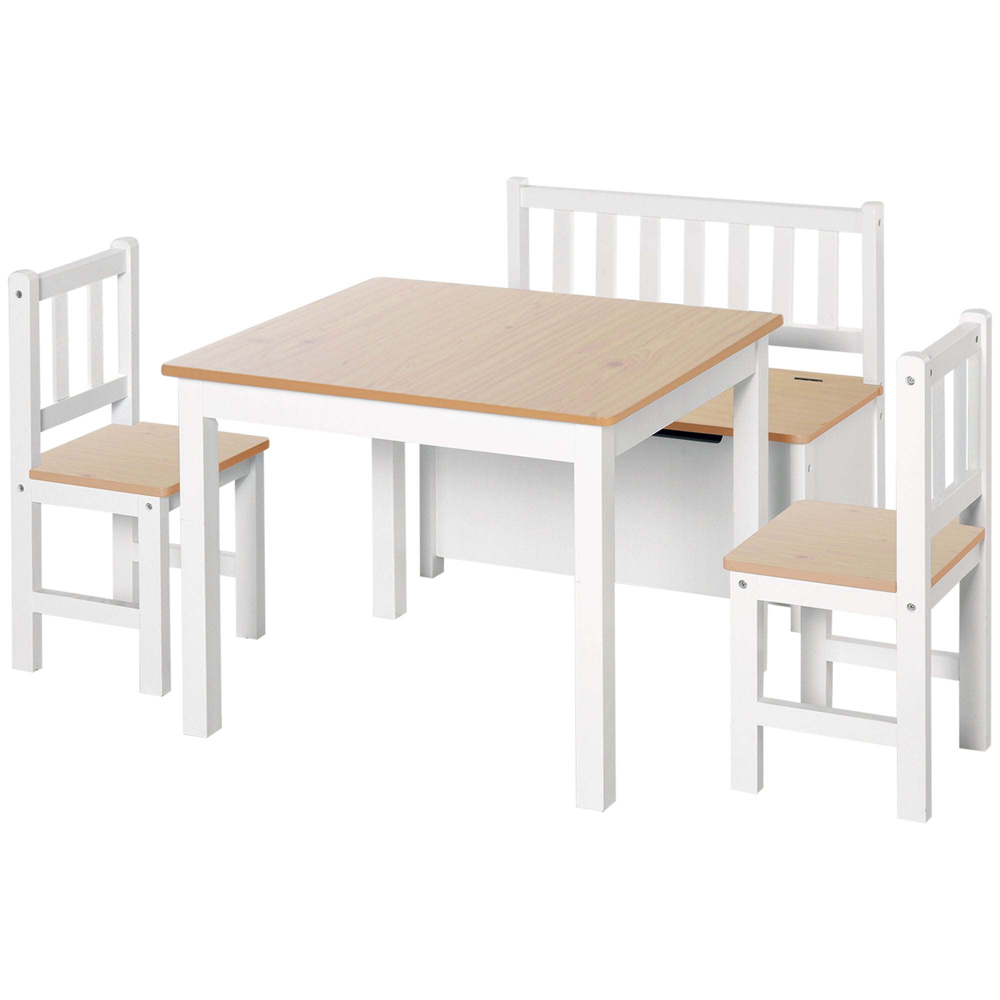 HOMCOM 4-Piece Kids Table and Chair Set with 2 Wooden Chairs, 1 Storage Bench, and Interesting Modern Design, Natural/White - North Peak Garden Furniture