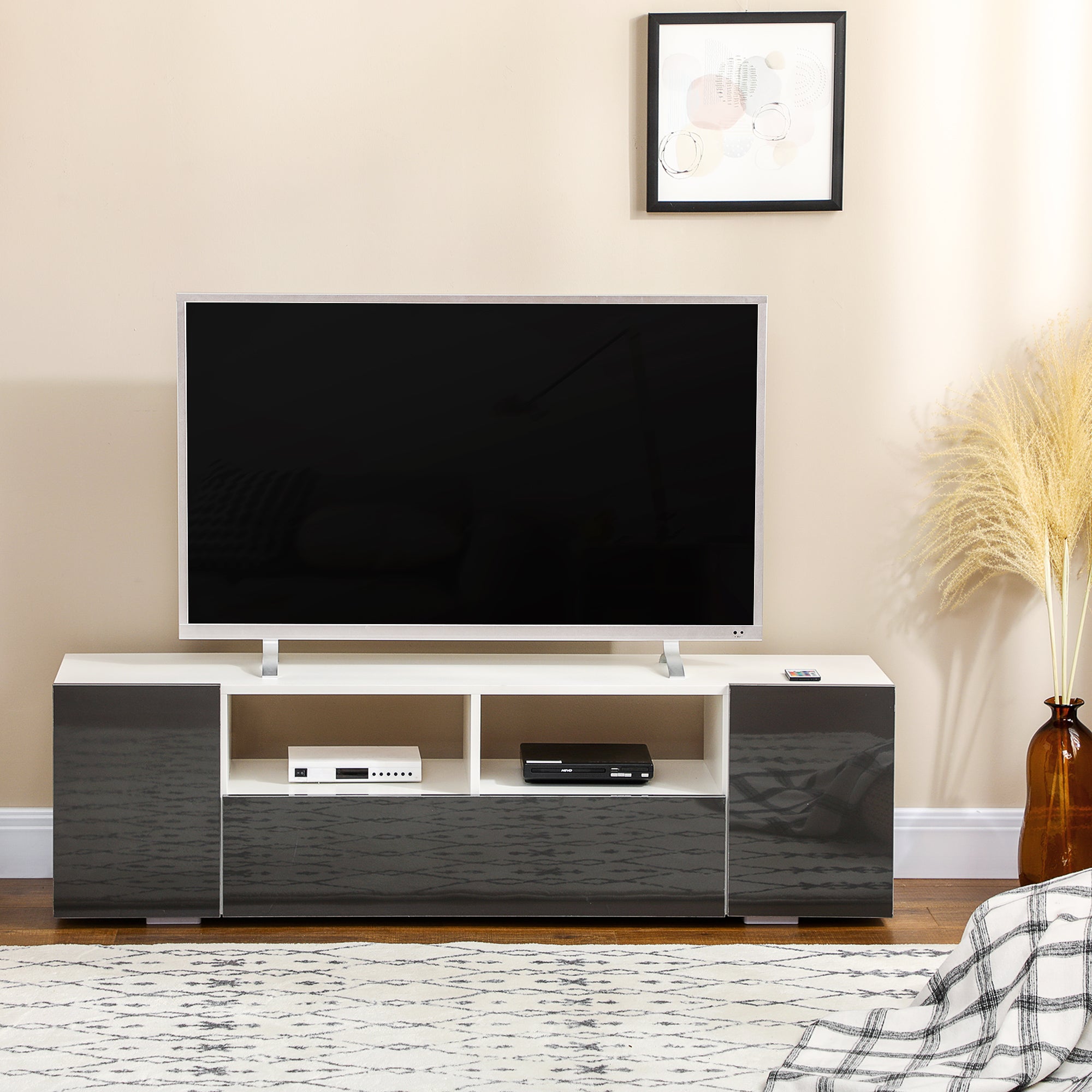 HOMCOM 16 LED Light TV Stand, with Storage - High Gloss Grey - North Peak Garden Furniture