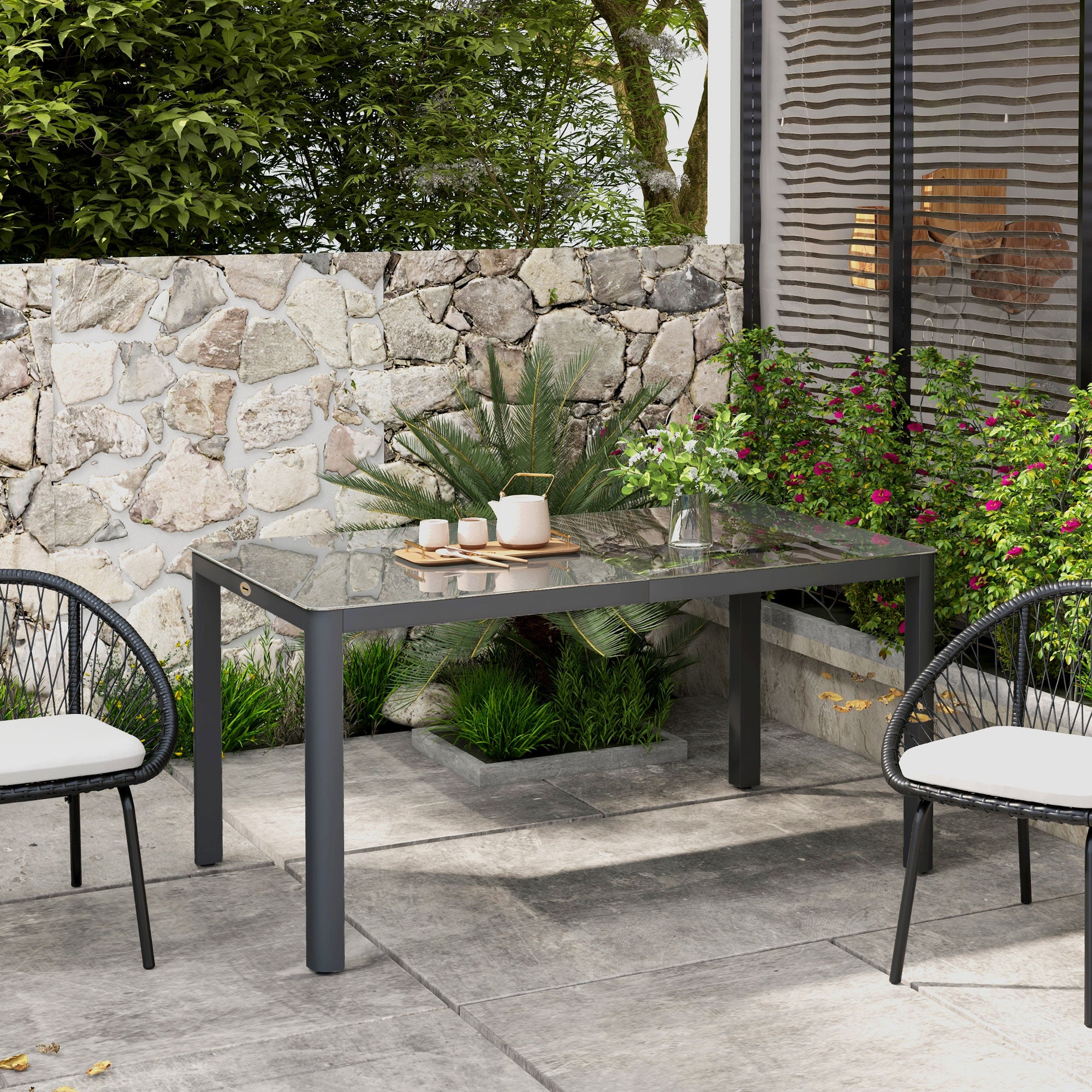 Outsunny 150cm x 88cm Aluminium Table, with Glass Tabletop - Grey - North Peak Garden Furniture