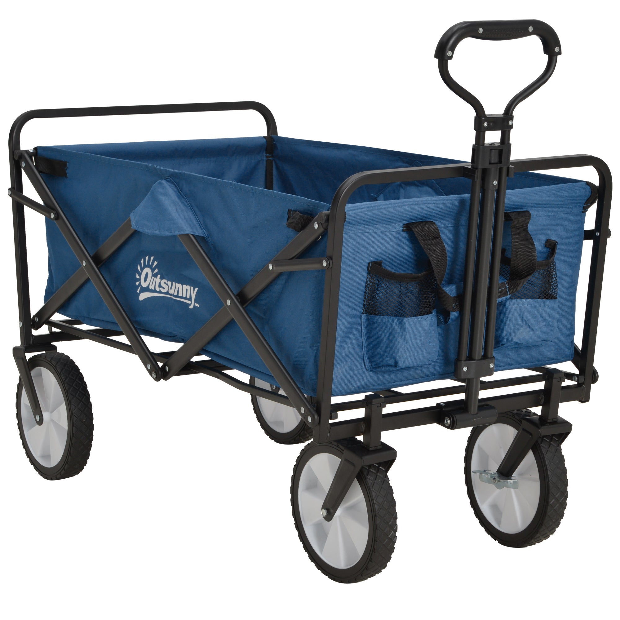 Outsunny 90L Folding Garden Trolley Cart Pull Along Wagon with Telescopic Handle for Beach Camping Festival - Navy Blue - North Peak Garden Furniture