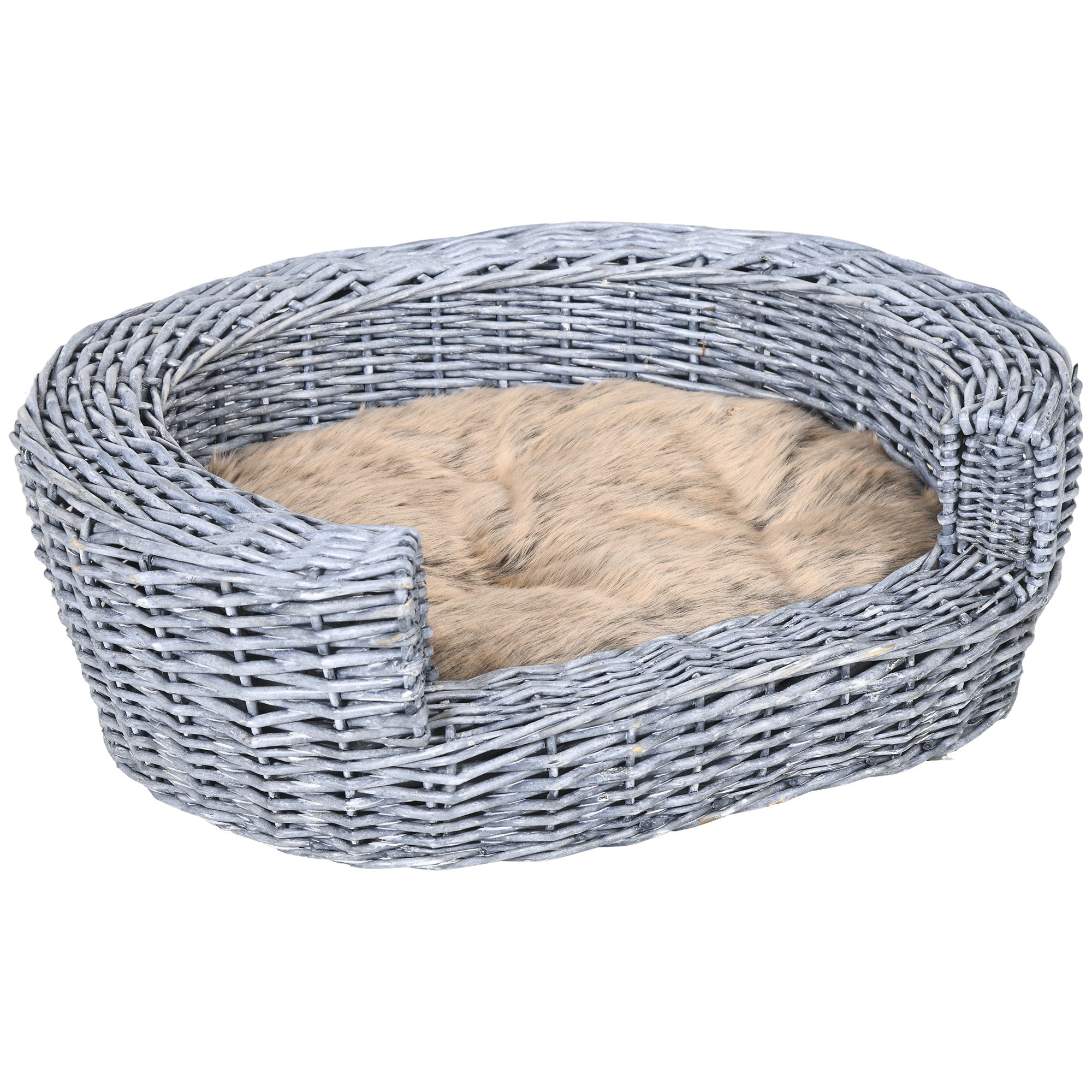 PawHut Wicker Pet Bed Willow Dog Cat Sofa Couch Puppy Basket with Cushion Grey 57L x 46W x 17.5H cm - North Peak Garden Furniture