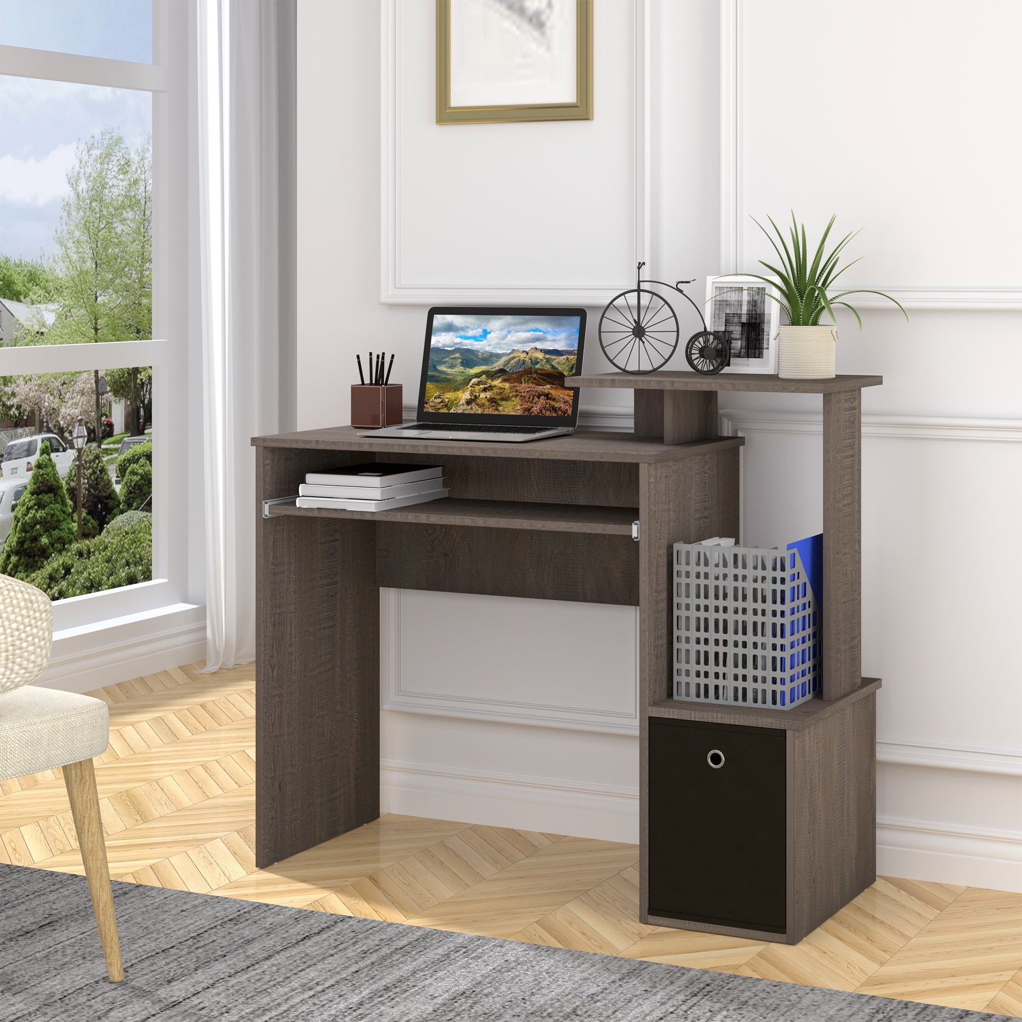 HOMCOM Computer Desk with Sliding Keyboard Tray Storage Drawer Shelf Home Office Workstation Grey - North Peak Garden Furniture