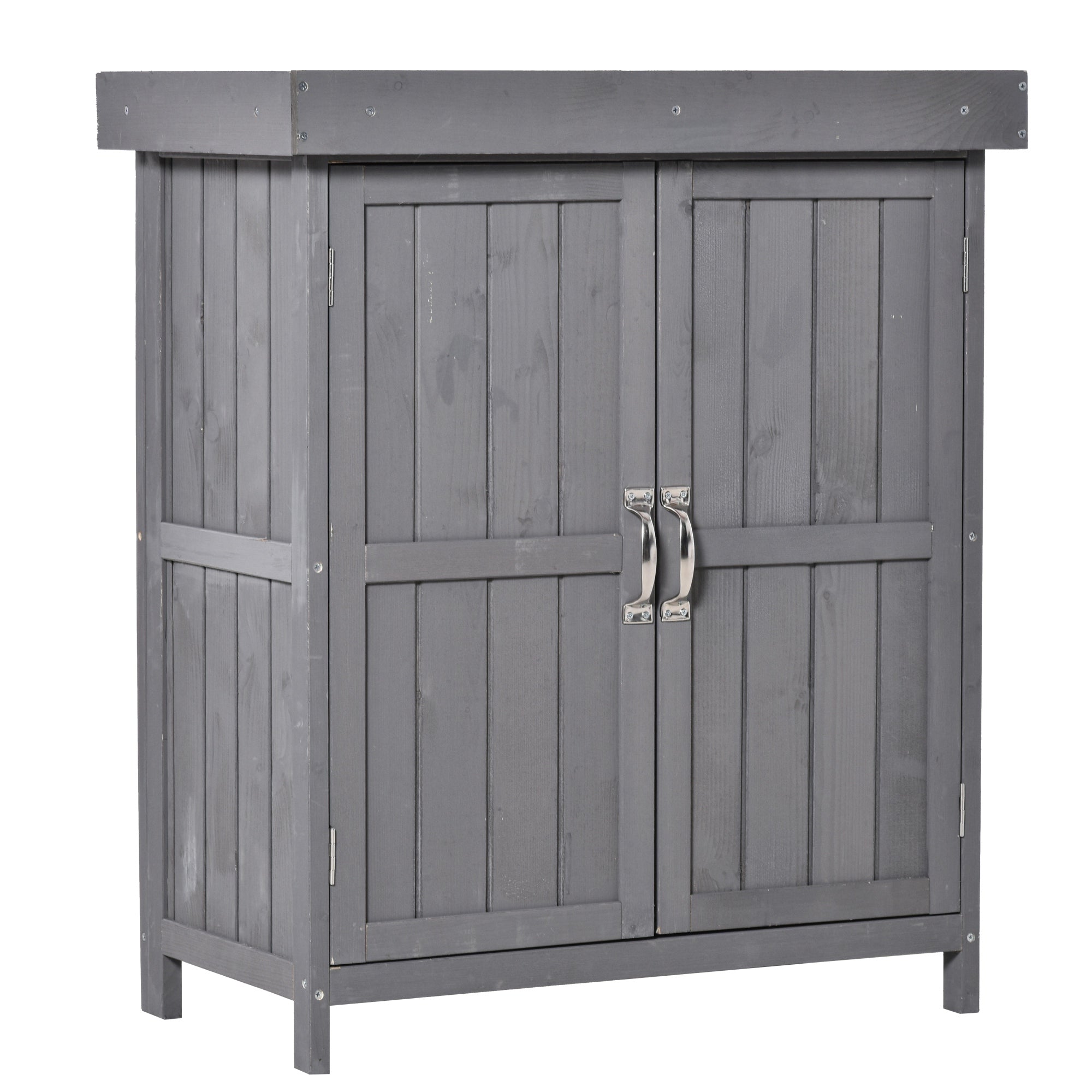 Outsunny Wooden Garden Storage Shed with Hinged Roof and Shelves, Outdoor Storage Cabinet Chest, Double Doors, 74 x 43 x 88cm, Grey - North Peak Garden Furniture
