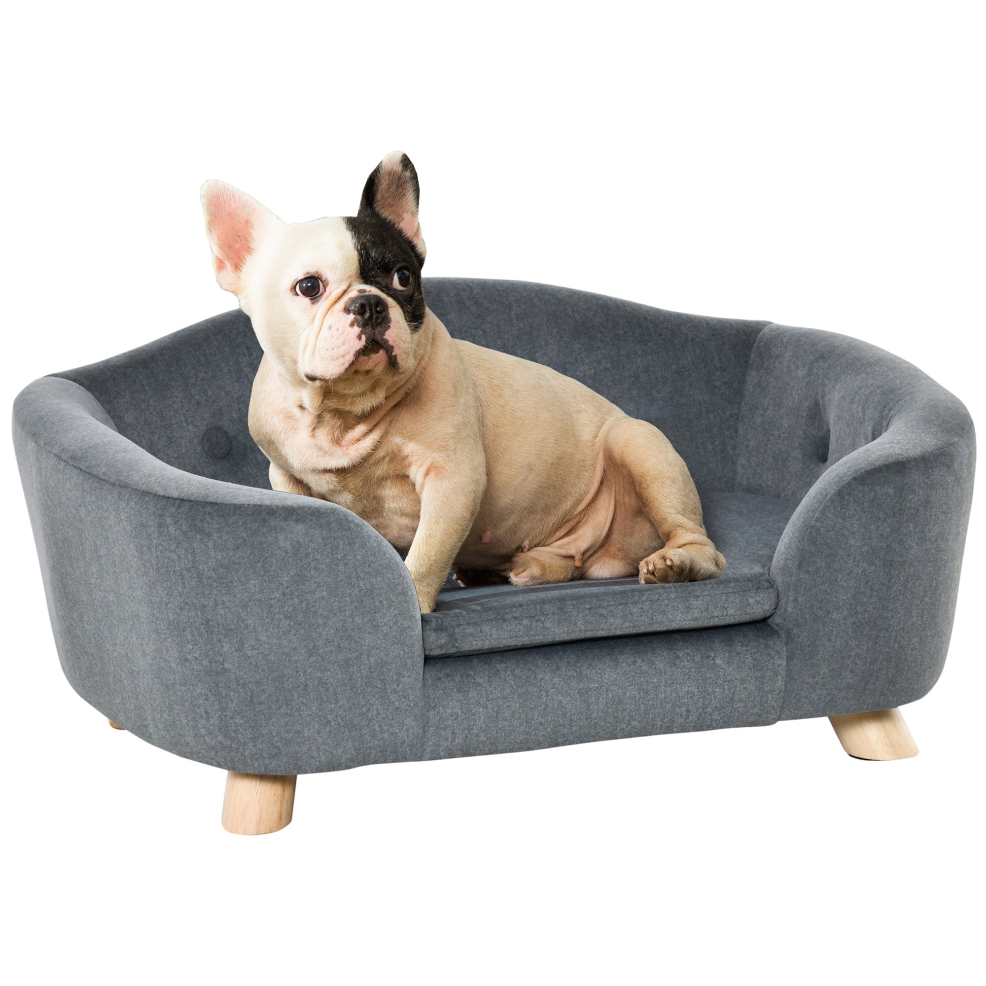 PawHut Dog Sofa Bed Pet Chair Couch with Water Resistant Fabric, Kitten Lounge with Soft Cushion Washable Cover, Wooden Frame for Mini Size Dogs - Grey - North Peak Garden Furniture
