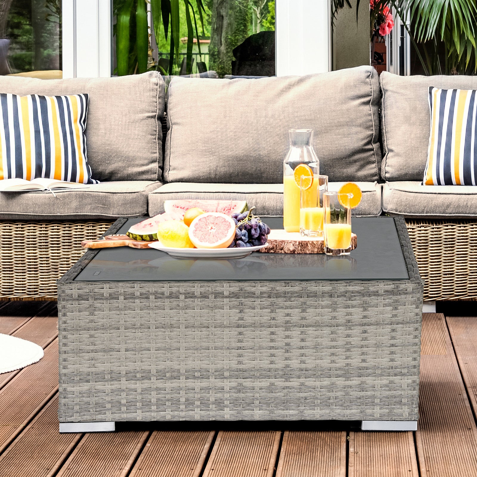 Outsunny Square PE Wicker Rattan Table, with Glass Top - Light Grey - North Peak Garden Furniture