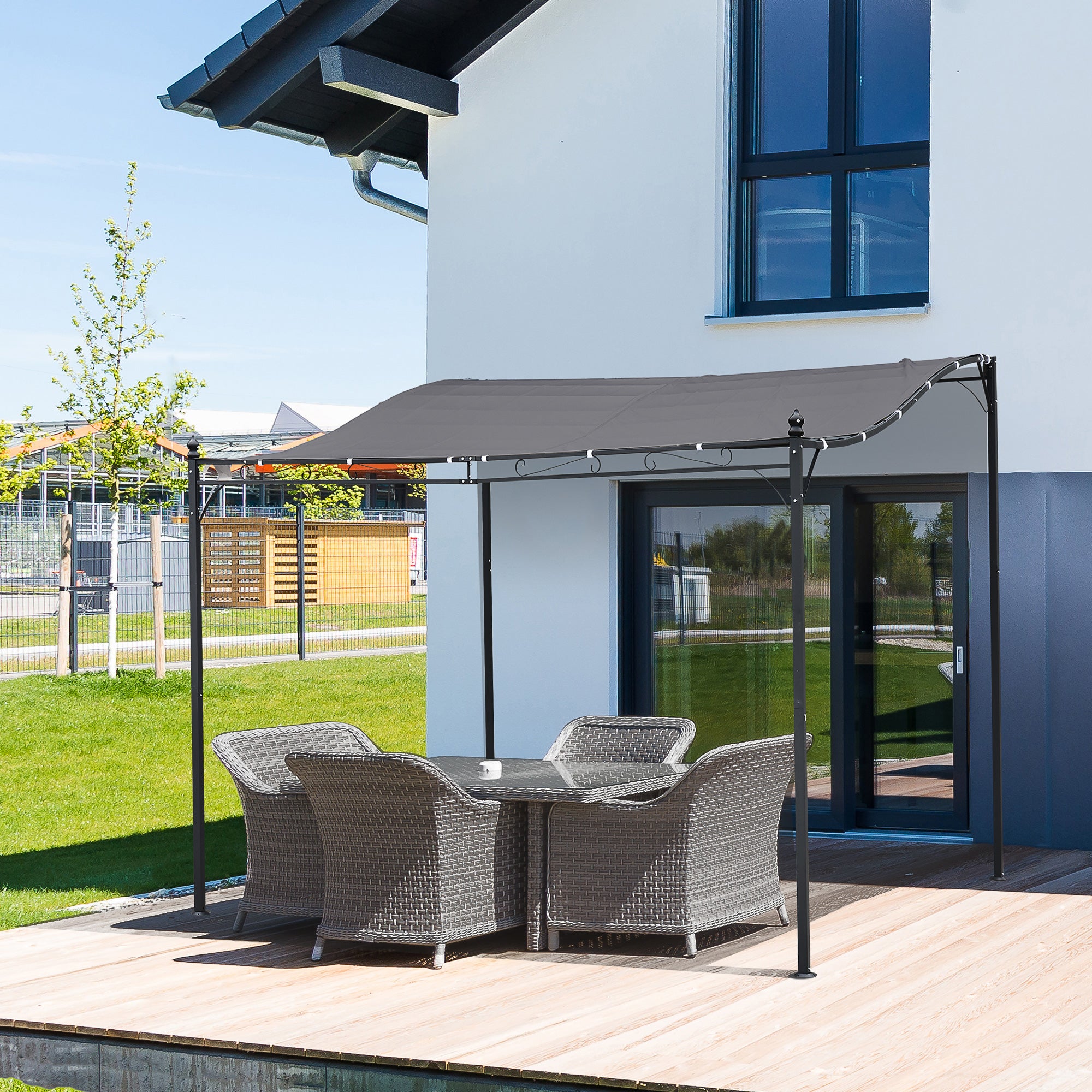 Outsunny 3x3m Freestanding Metal Wall Awning Canopy Grey - North Peak Garden Furniture